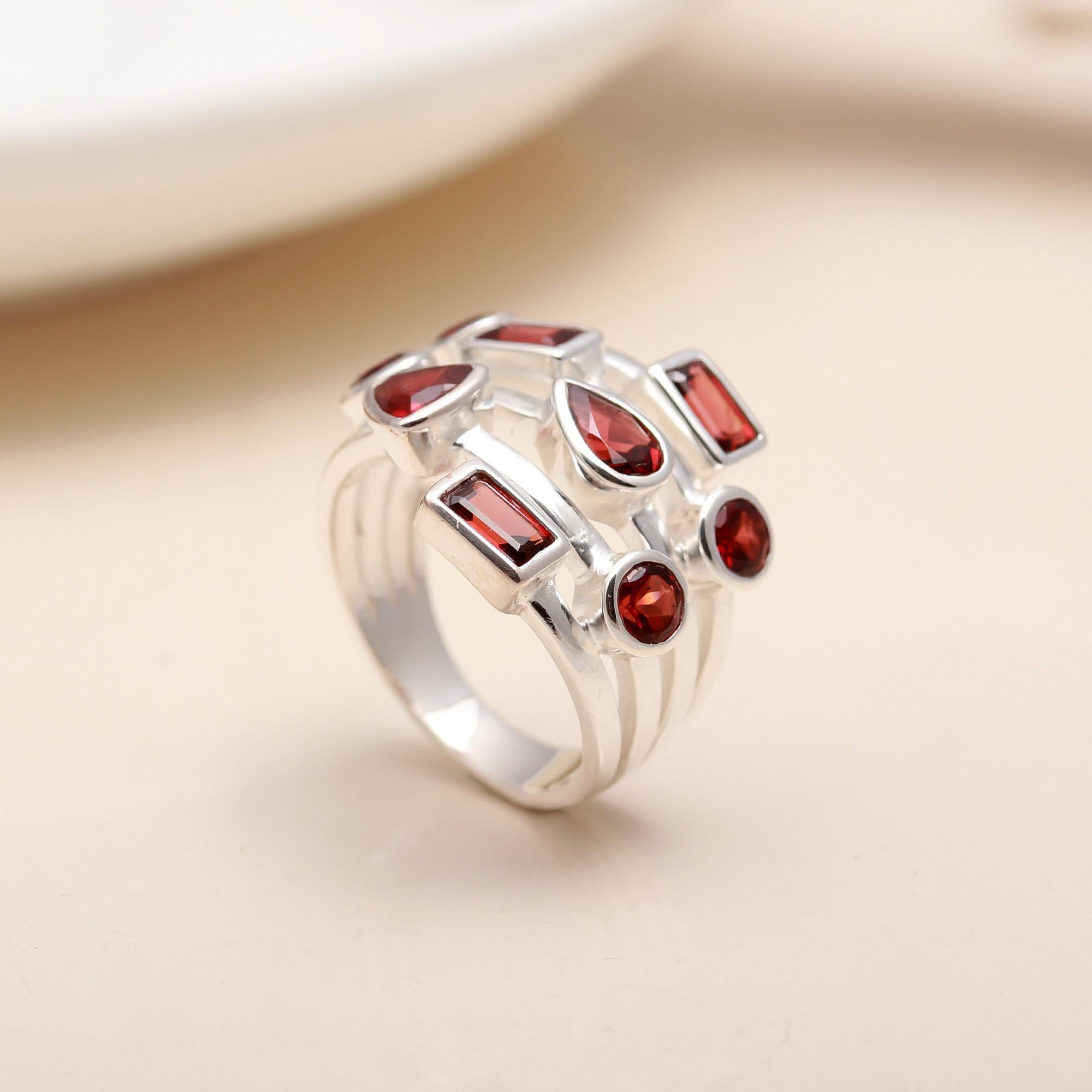 925 Silver Multi-Shape Garnet Ring