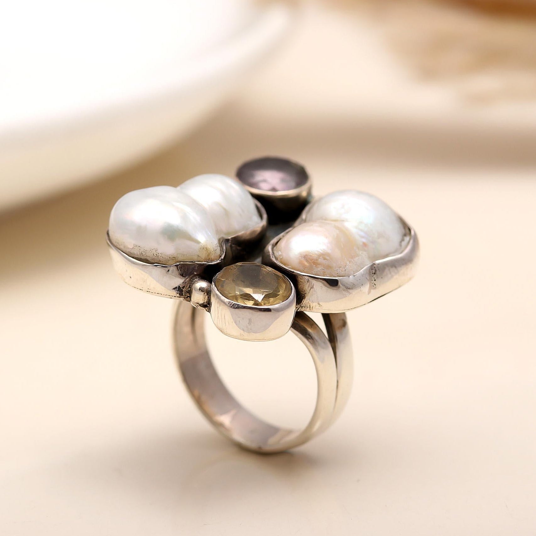 The Luminous Cluster: Baroque Pearl  Multi-Gemstone Ring