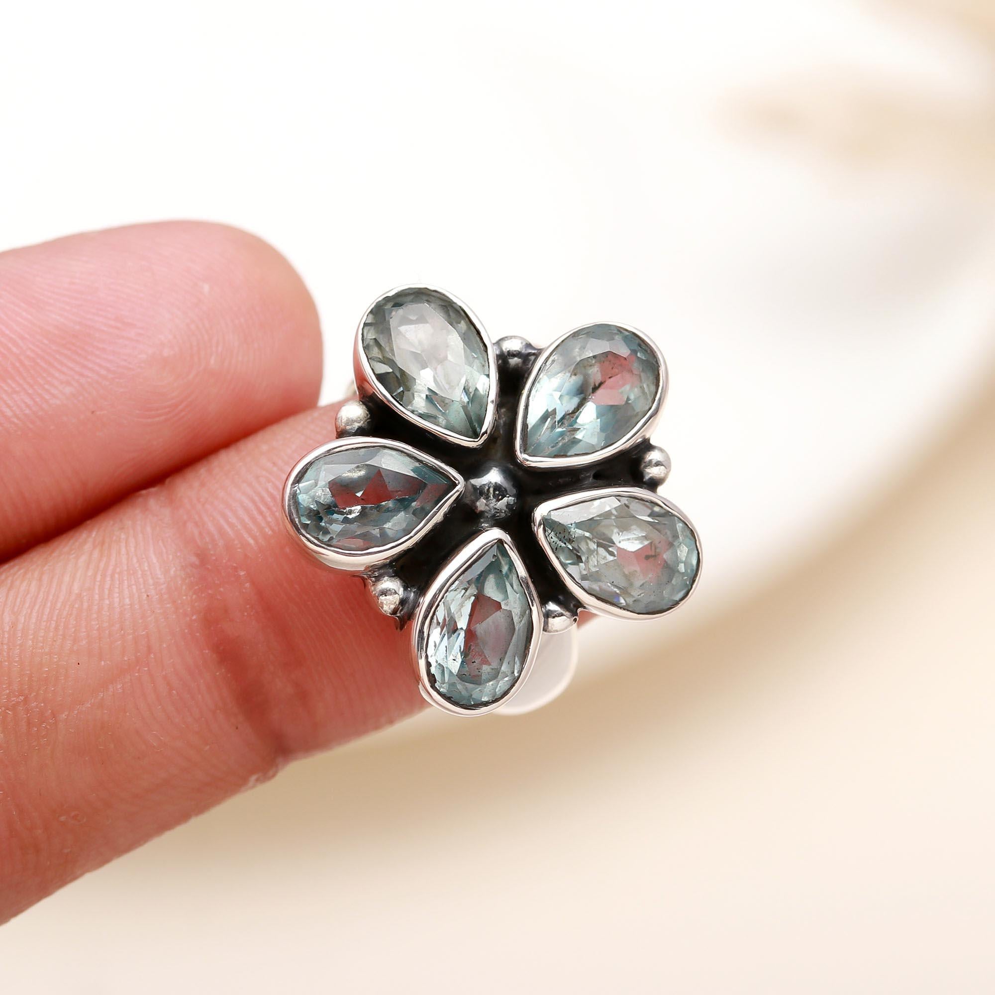 925 Silver Aquamarine Flower Ring