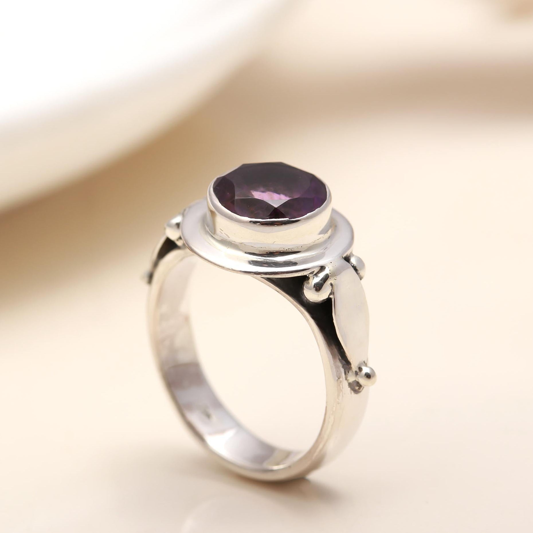 925 Silver Round Amethyst Ring