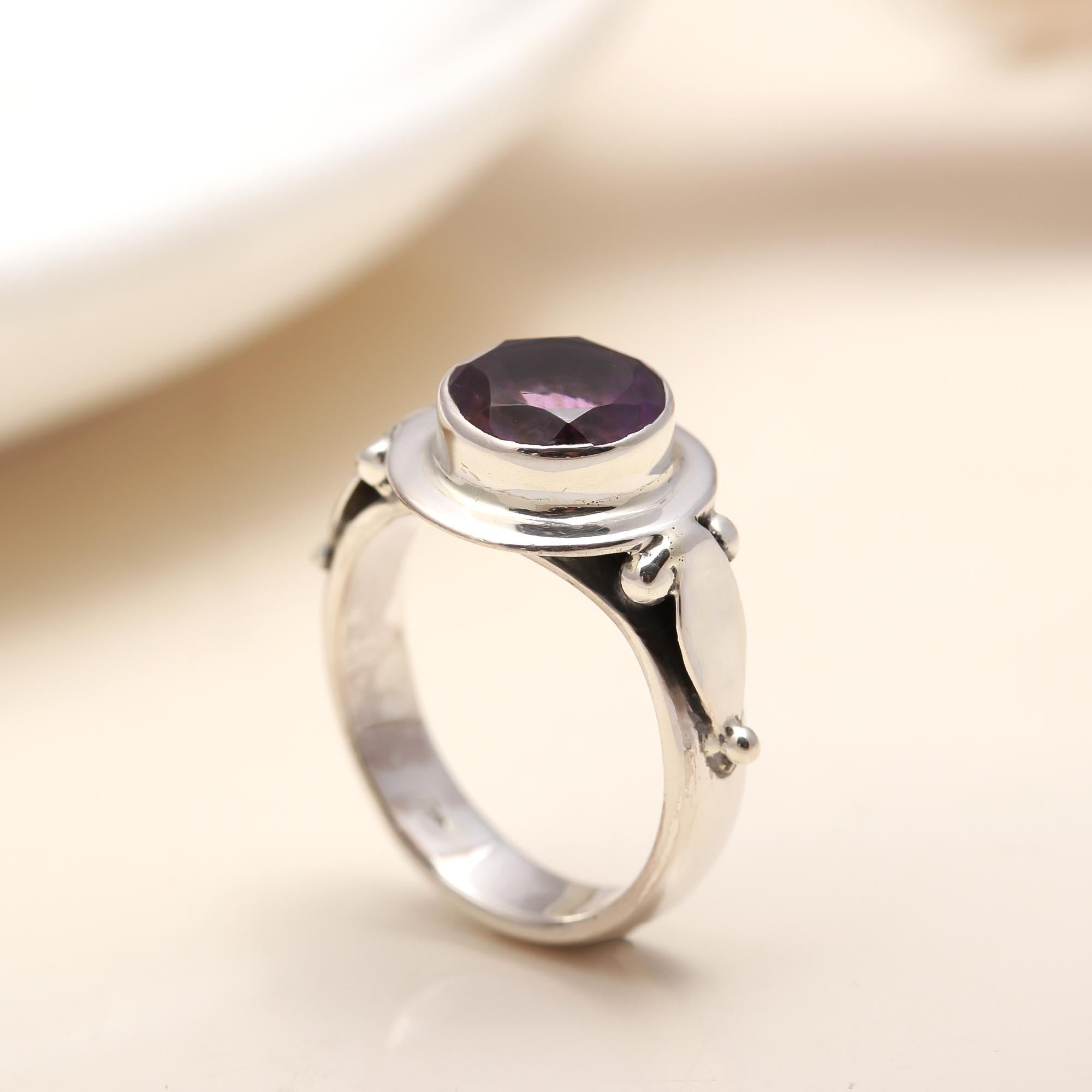 925 Silver Round Amethyst Ring