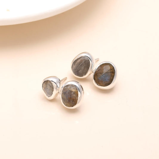 925 Sterling Silver Fancy Rose Cut Labradorite Stud Earrings