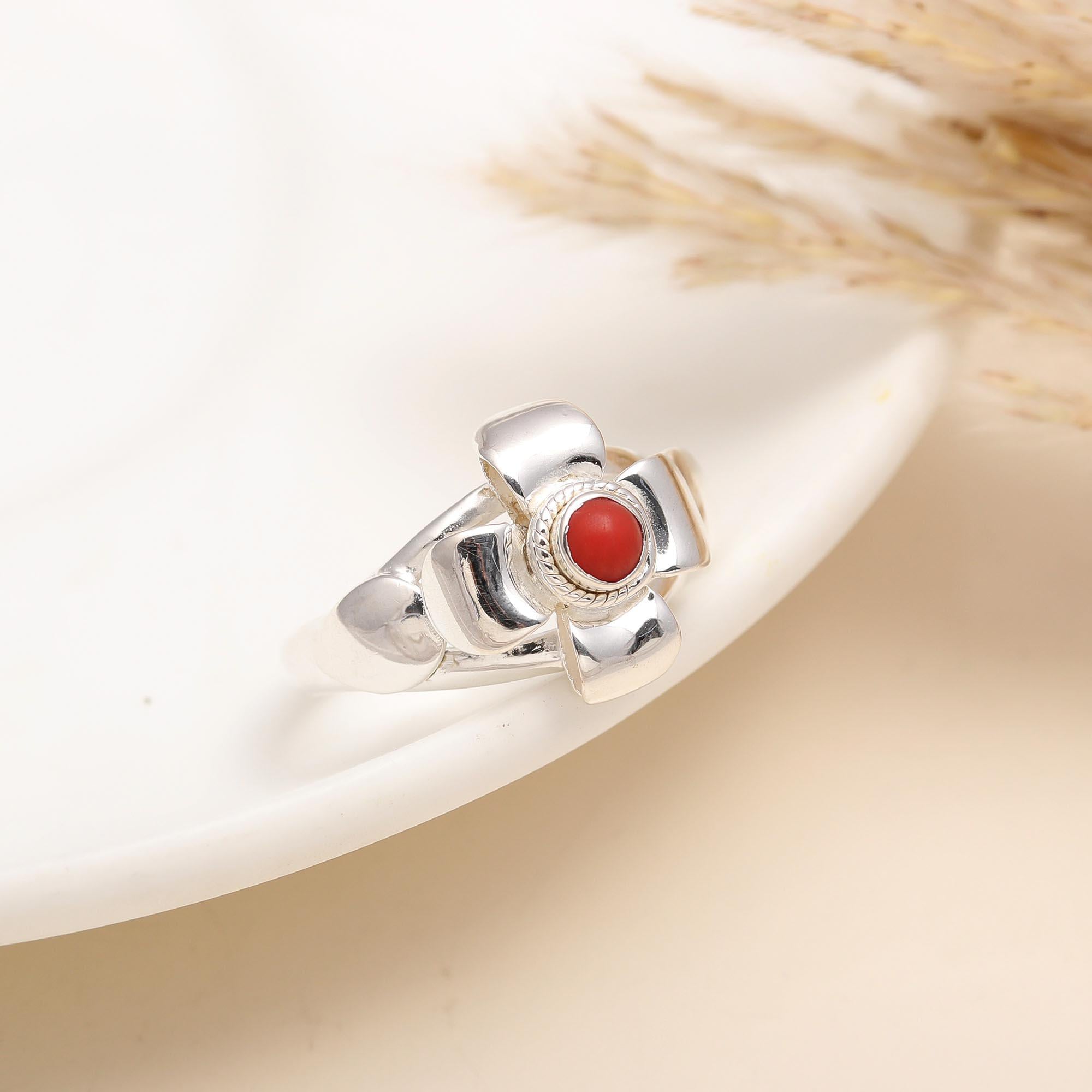 925 Silver Red Coral Flower Ring
