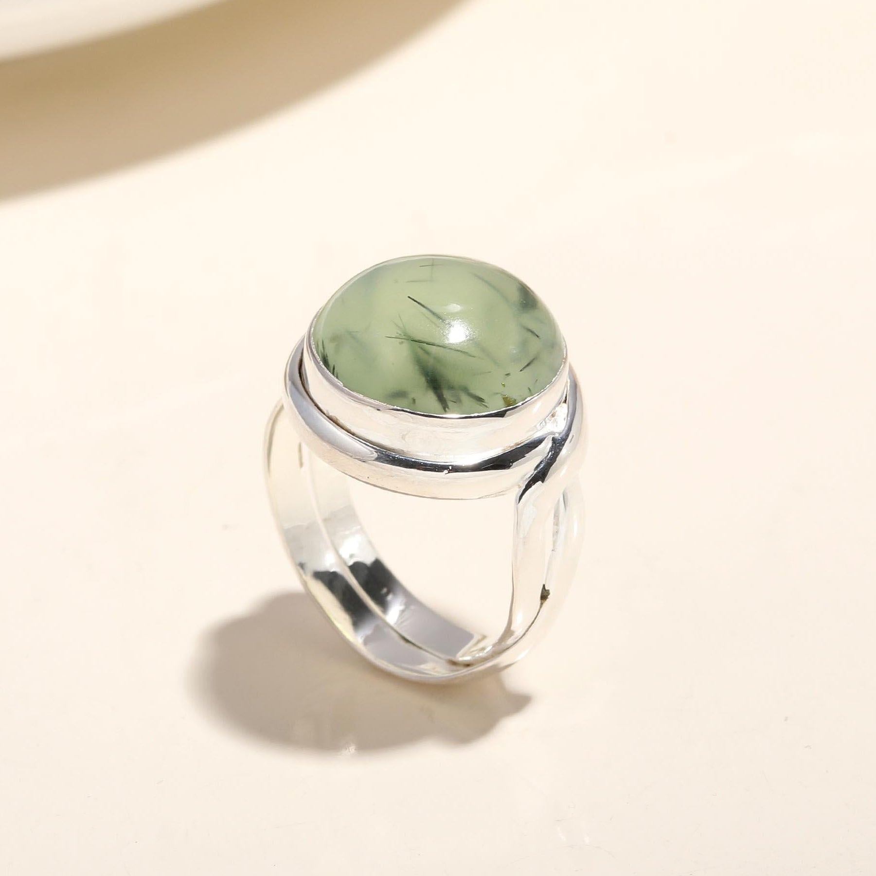The Serene Orb: Prehnite Cabochon Silver Solitaire Ring