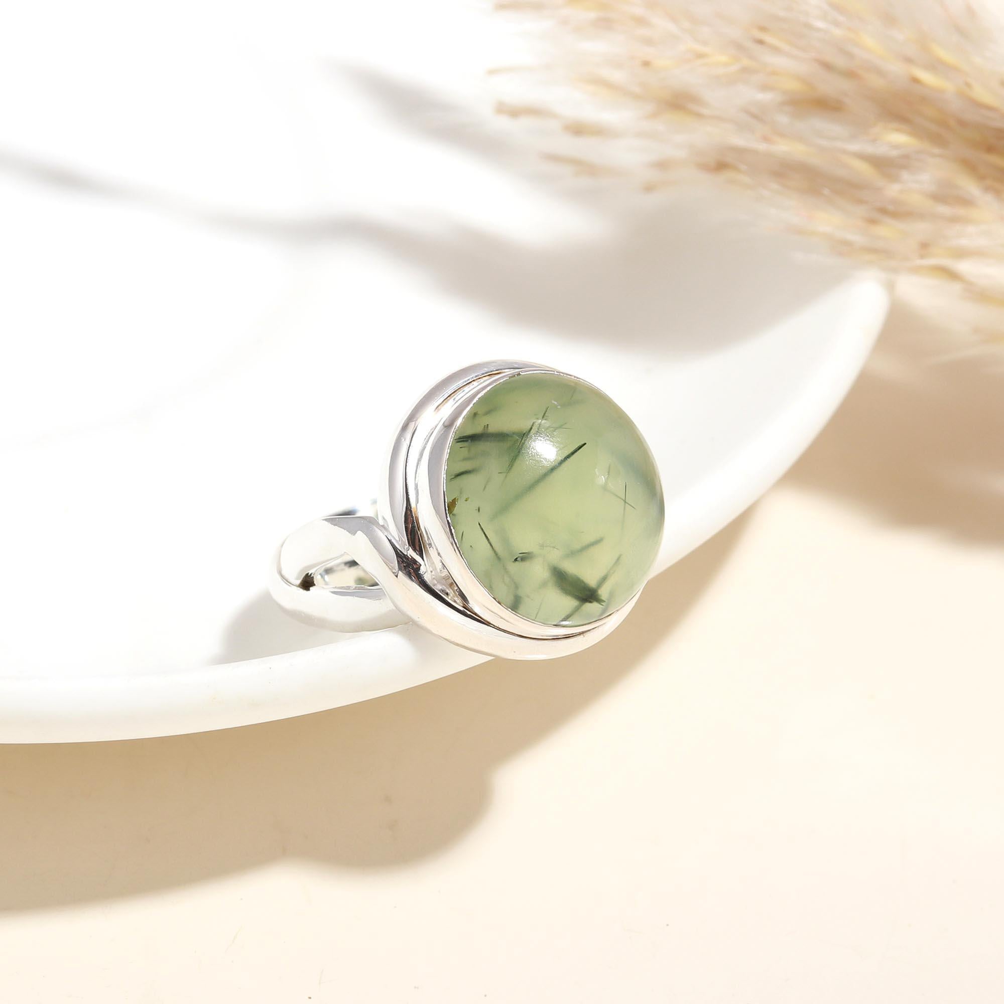 925 Silver Round Prehnite Ring