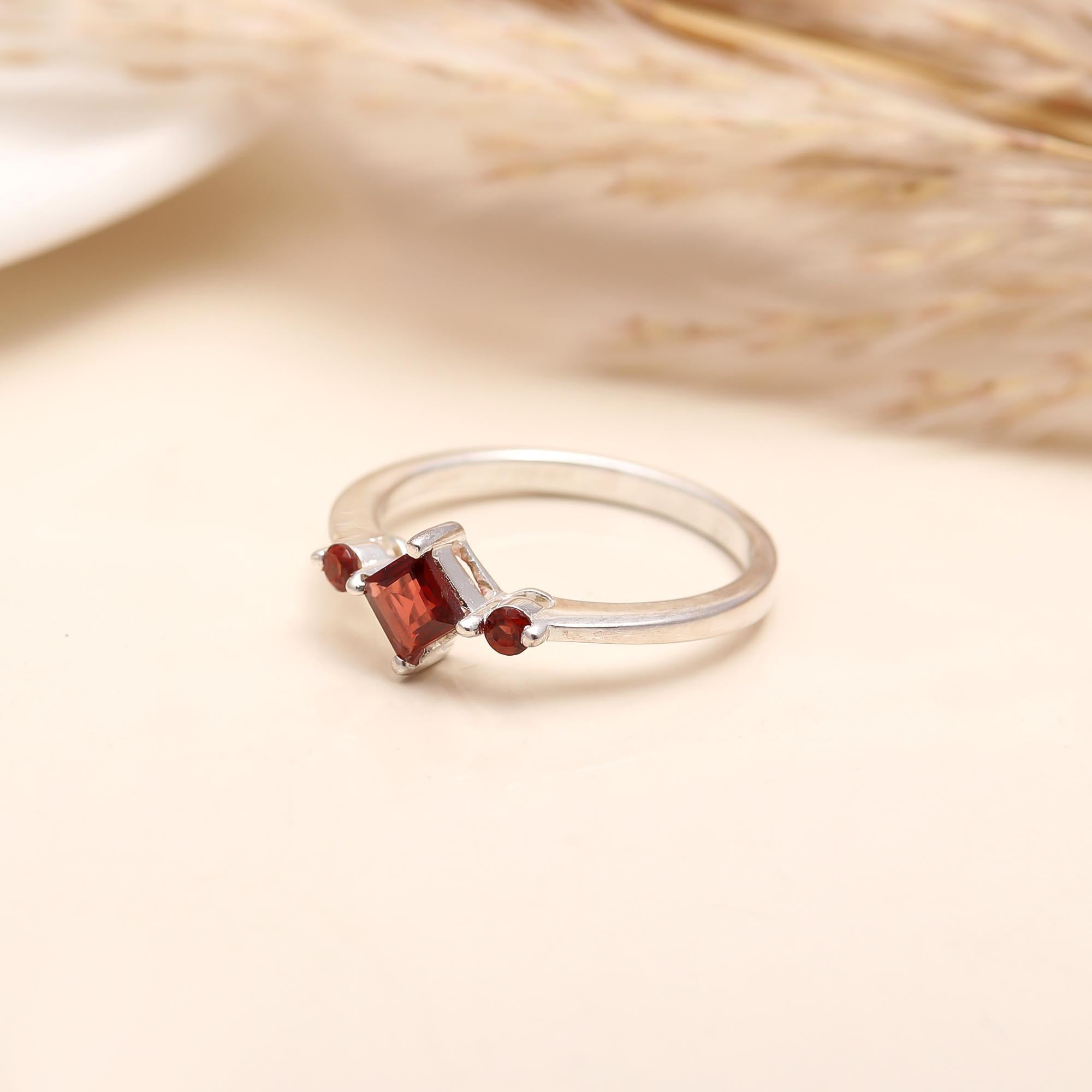 925 Silver Square Garnet Ring