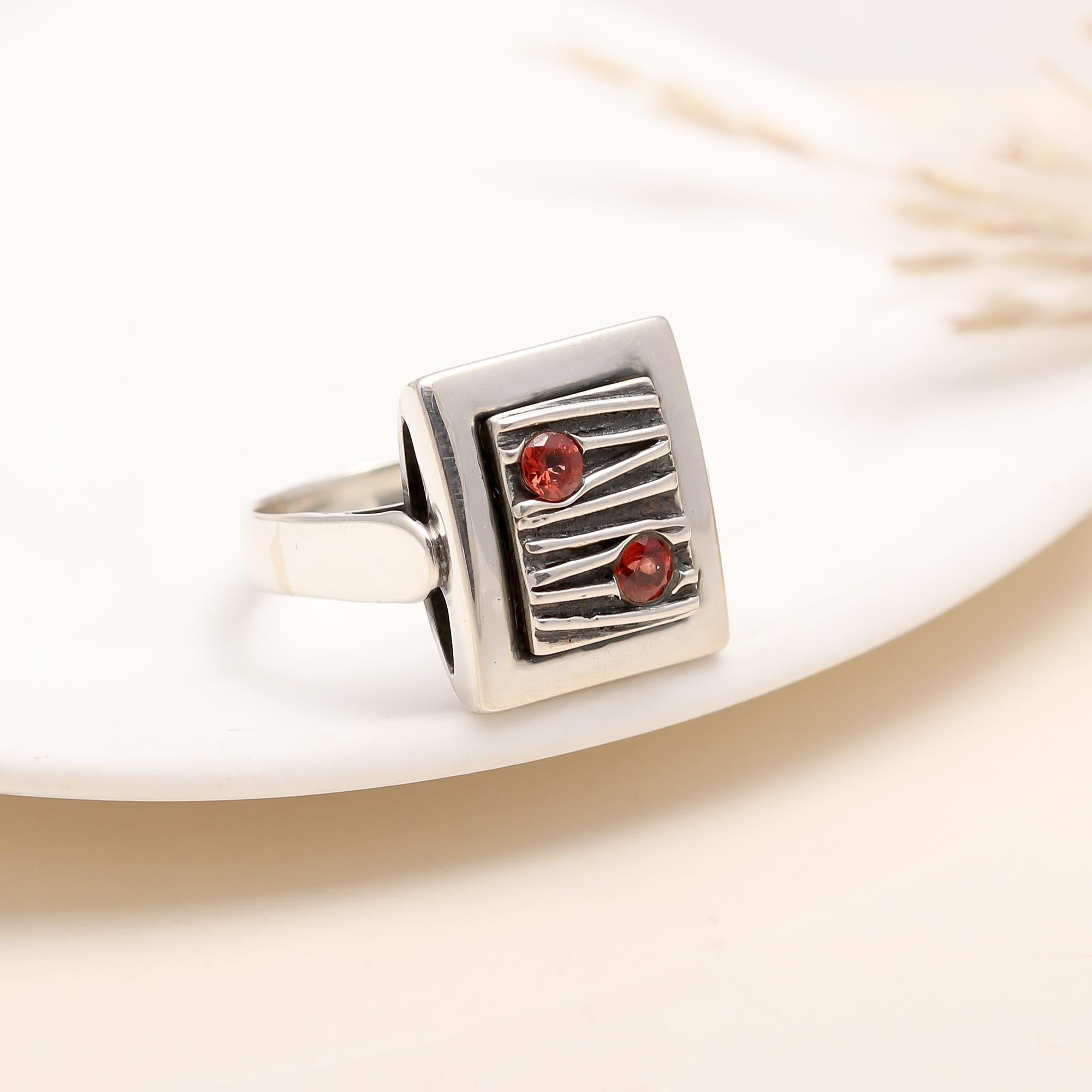 925 Silver Rectangular Garnet Statement Ring with bold design