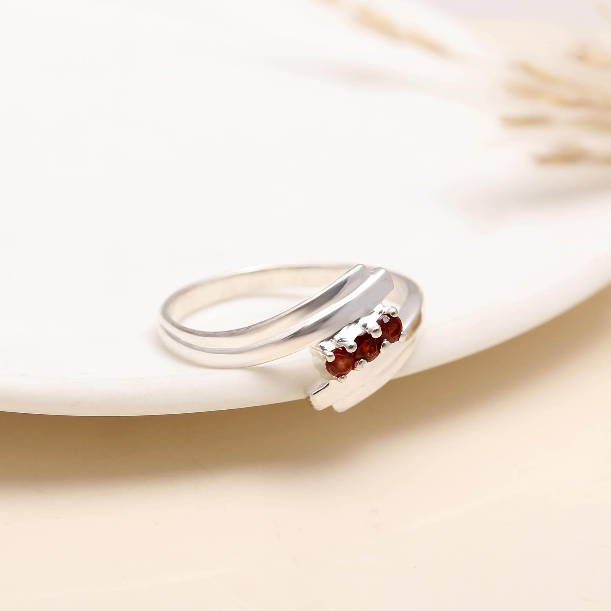 925 Silver Red Garnet Bypass Ring with polished silver band