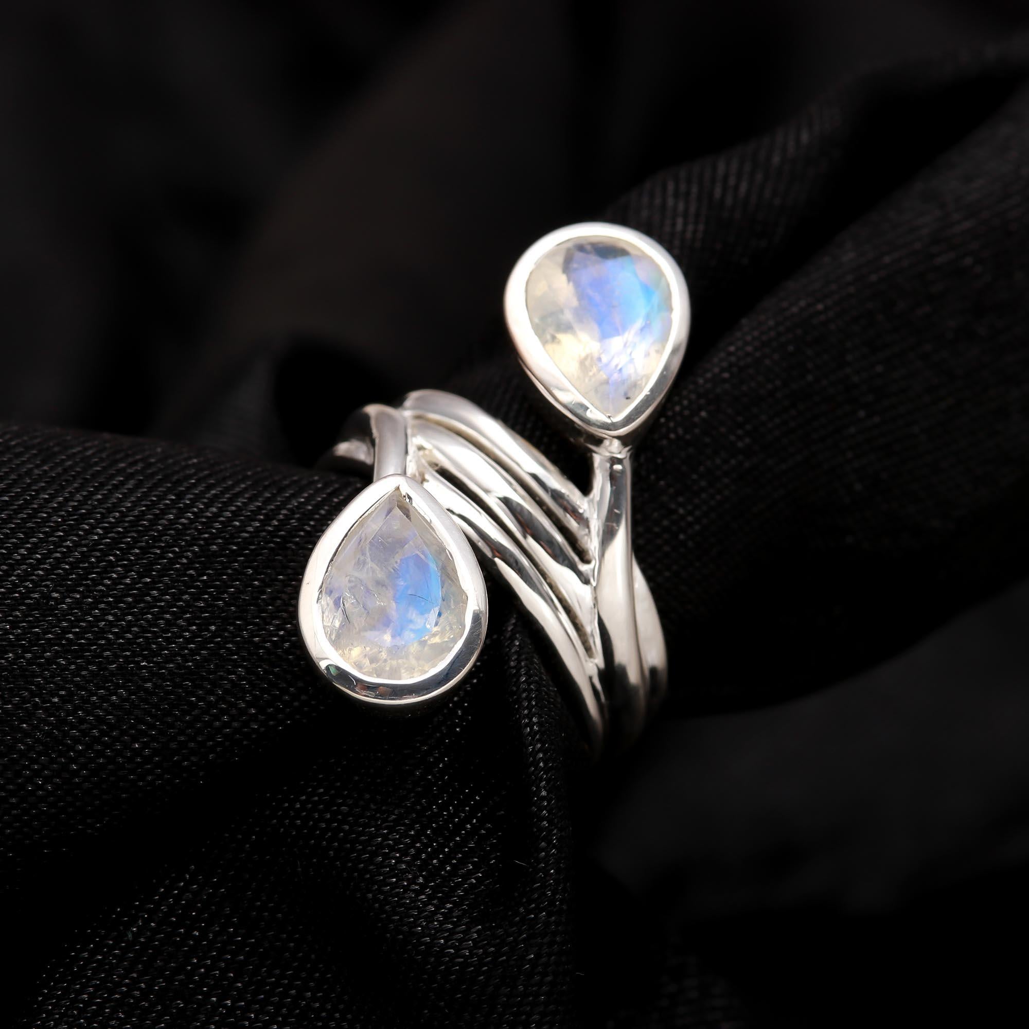 Elegant dual pear moonstone silver ring