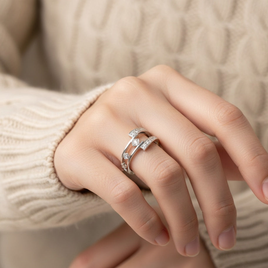 925 Silver Double Band Cubic Zirconia Open Ring