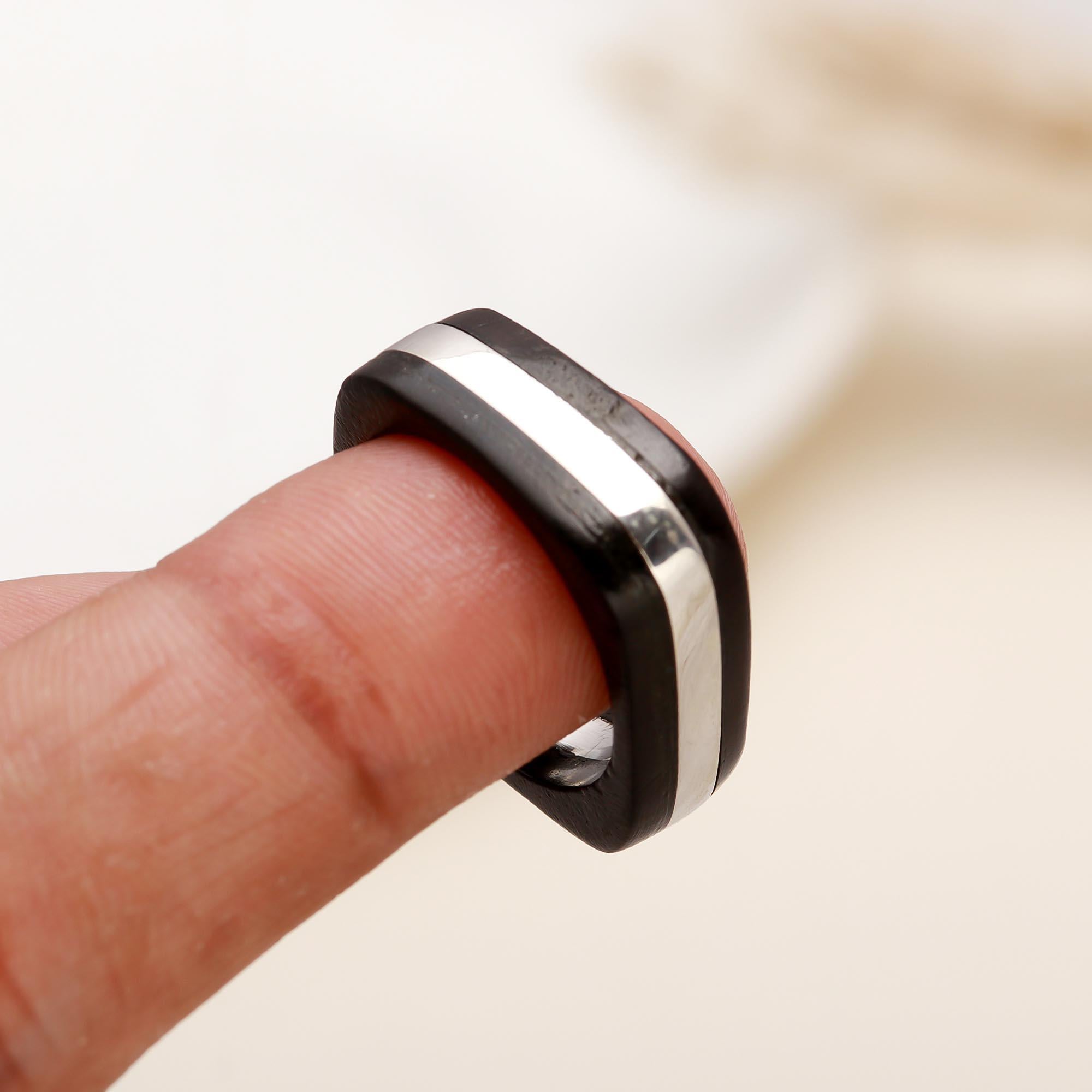 Modern sterling silver stripe band ring with black enamel