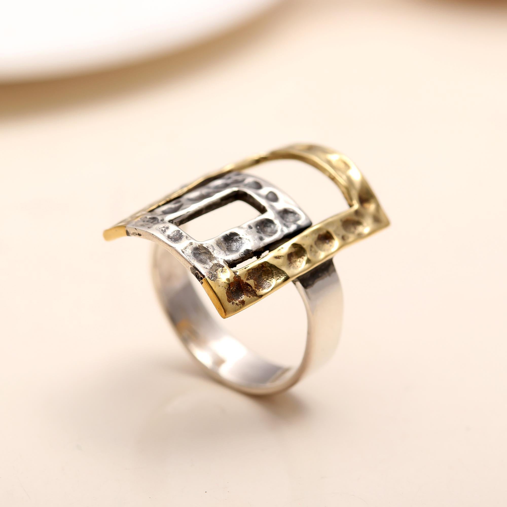 Rectangle hammered silver and gold ring side view