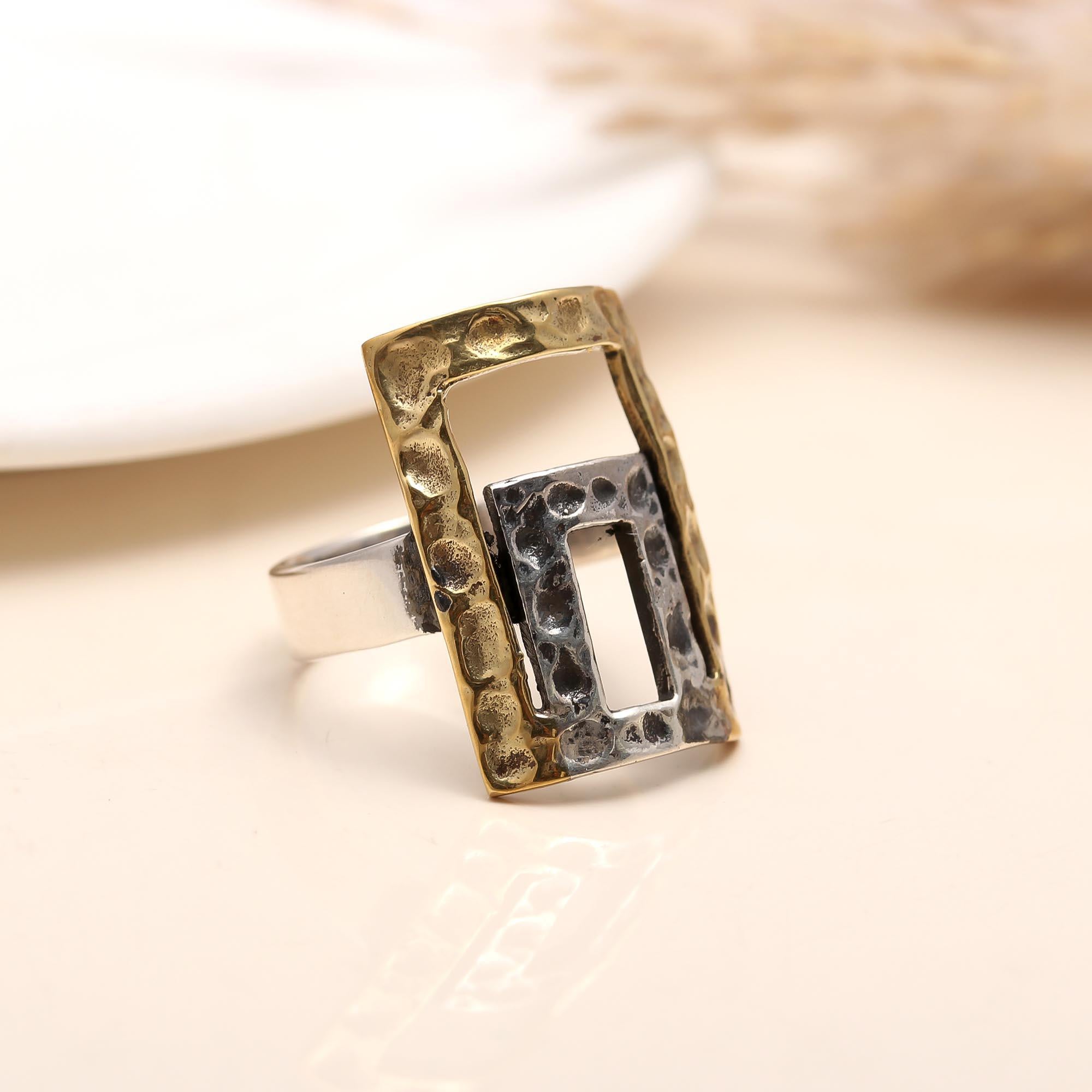 925 Silver Hammered Dual Tone Rectangle Ring close-up