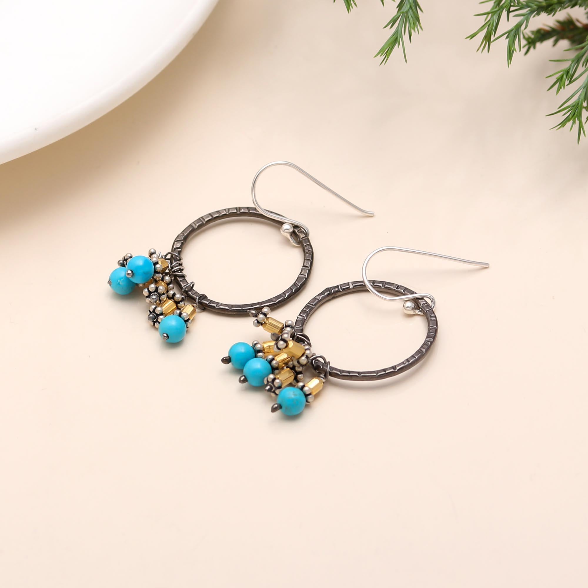 925 Silver Turquoise Bead Earrings with Black Rhodium