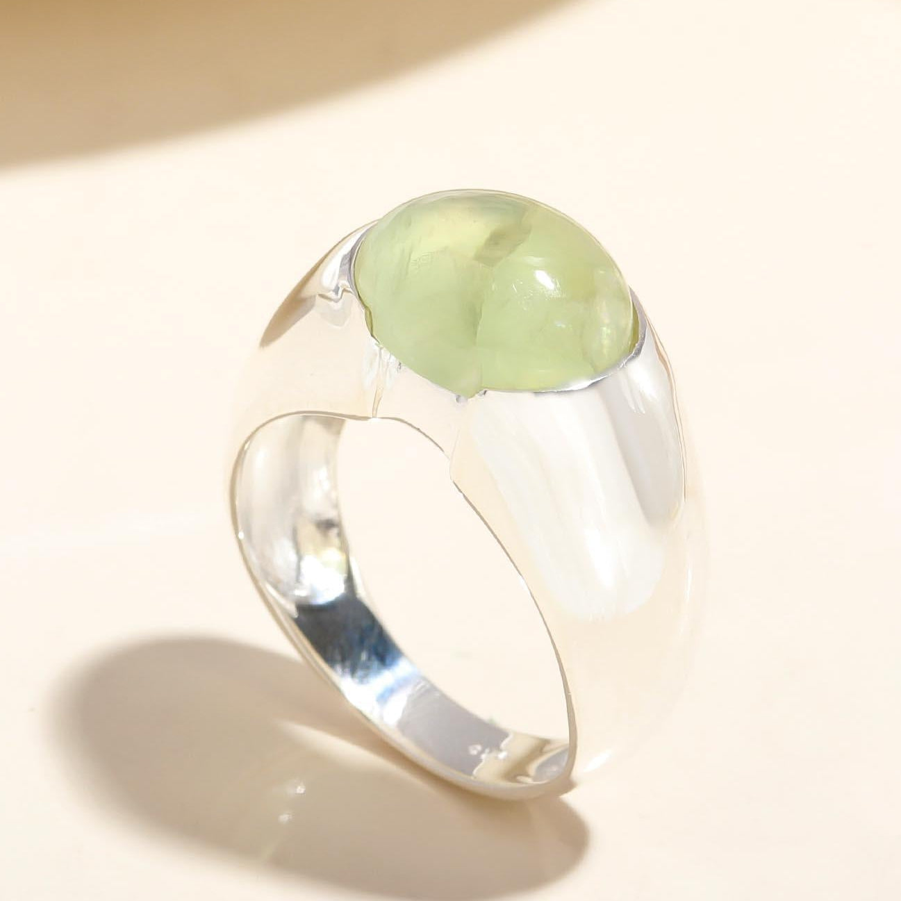 Minimalist sterling silver green prehnite ring