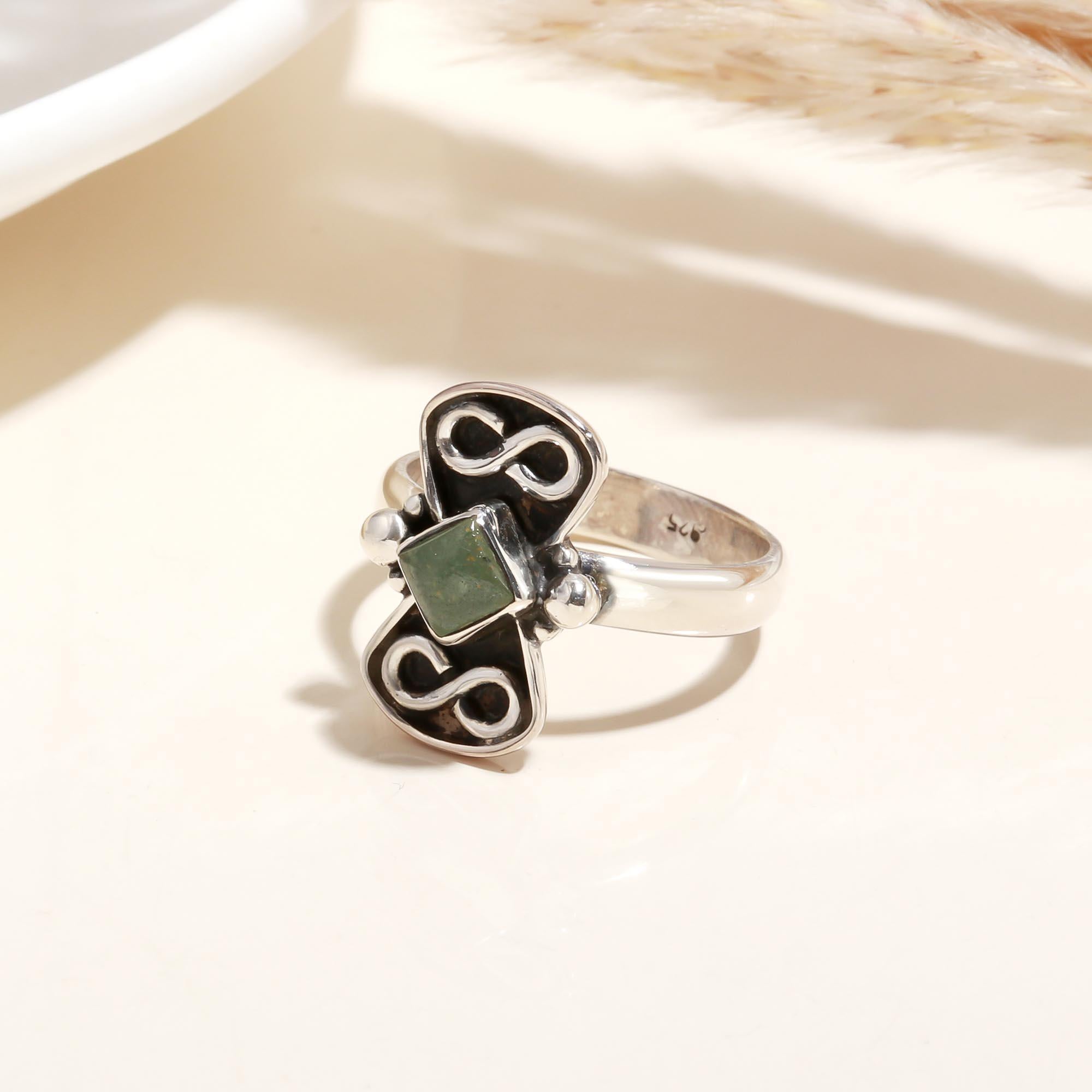 Sterling silver butterfly ring with green aventurine gemstones