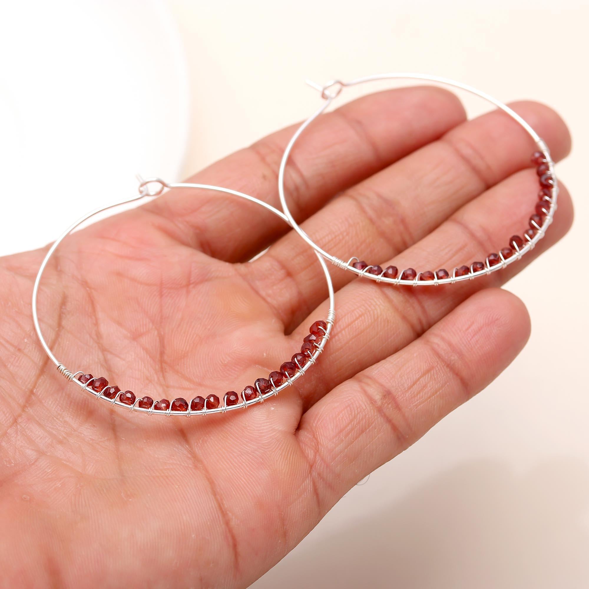 925 Sterling Silver Garnet Round Beads Hoop Earring