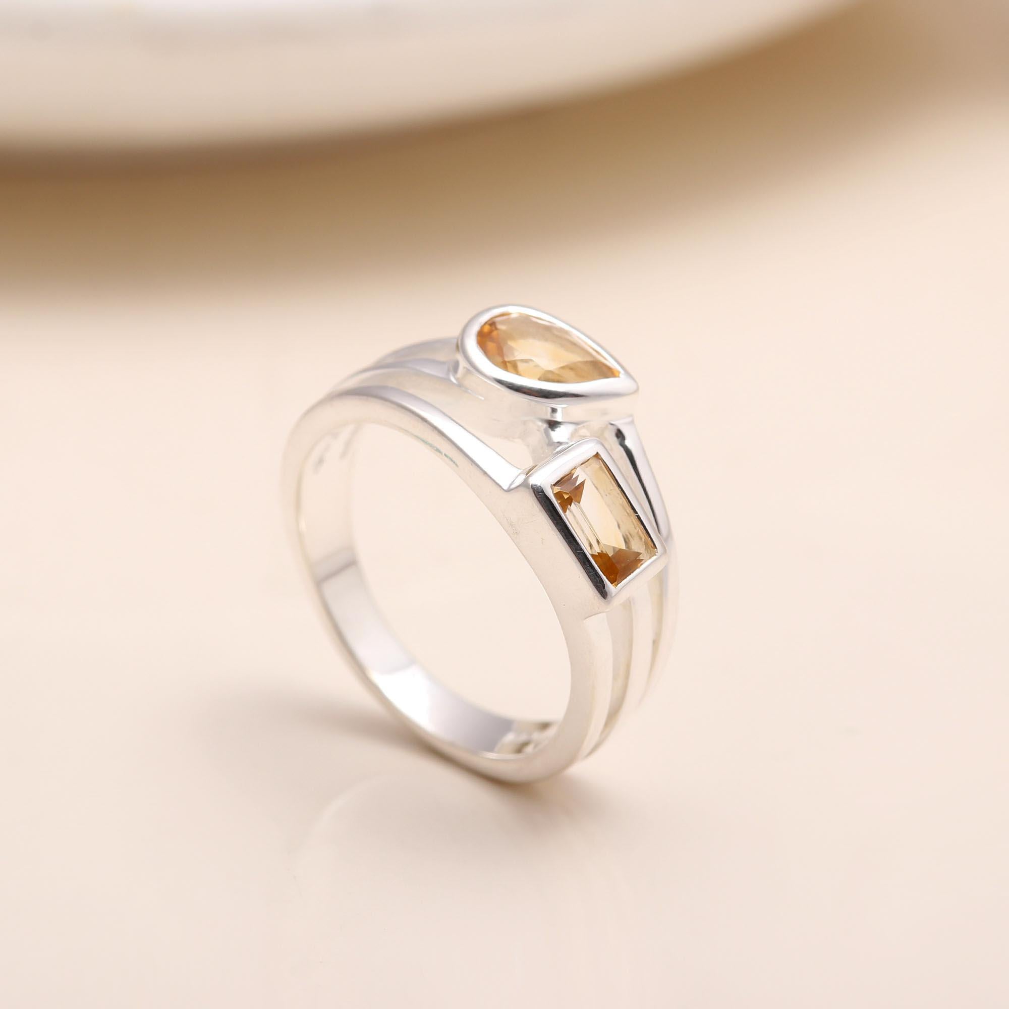 Handmade sterling silver open band ring with citrine stones