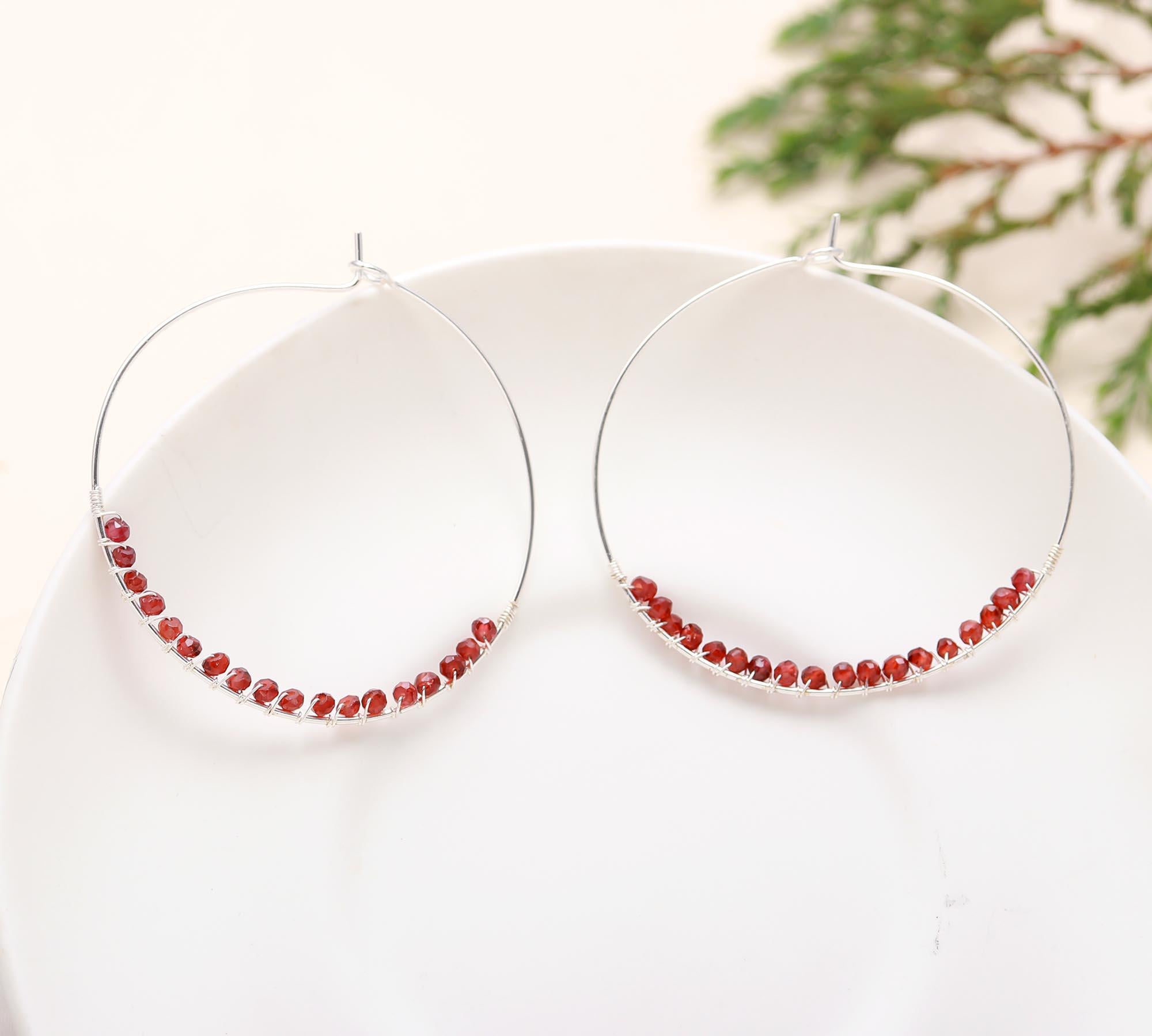 925 Silver Garnet Beads Hoop Earrings