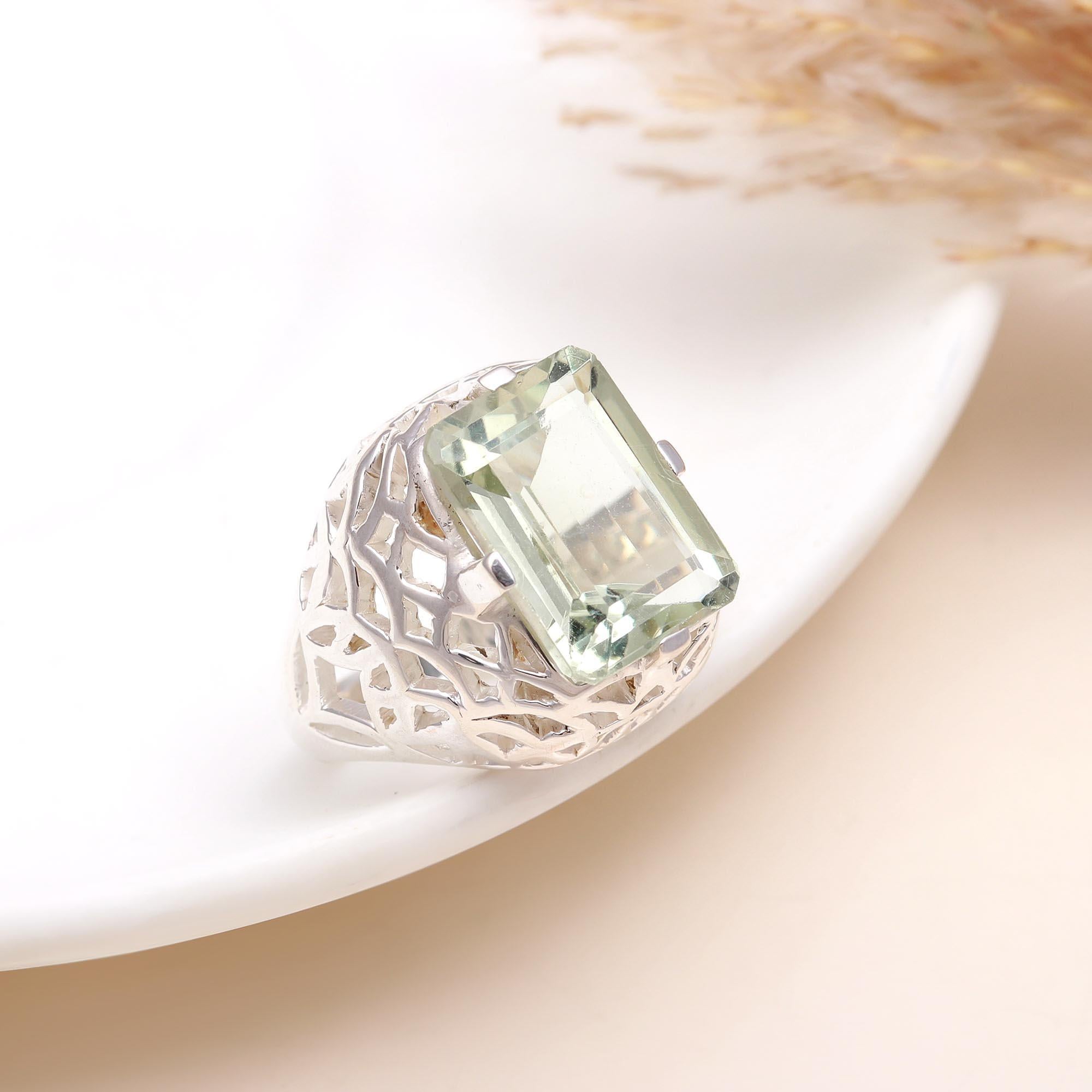 925 Silver Emerald Cut Green Amethyst Filigree Ring front view