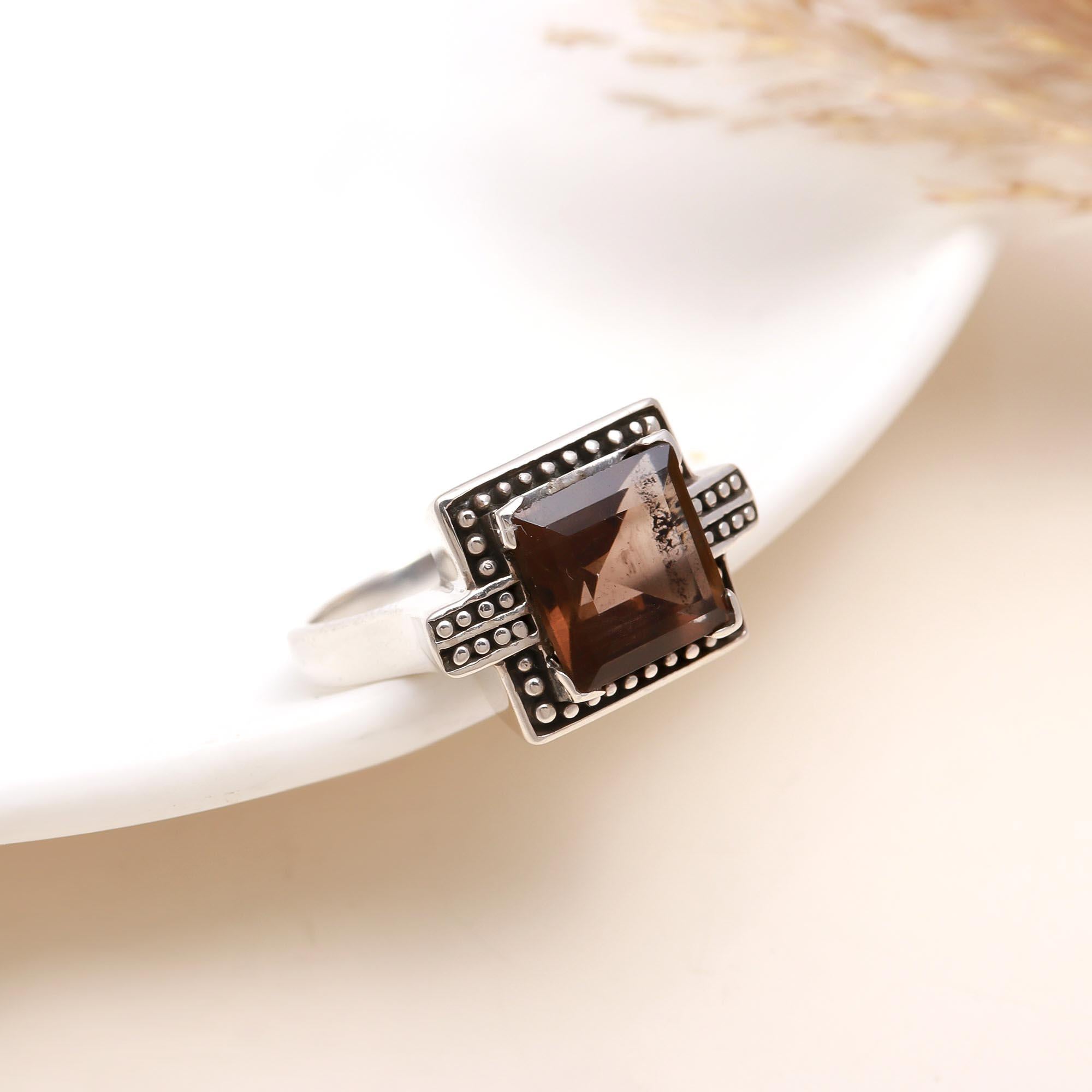 925 Silver Square Garnet Ring with Antique Dot Detailing front view