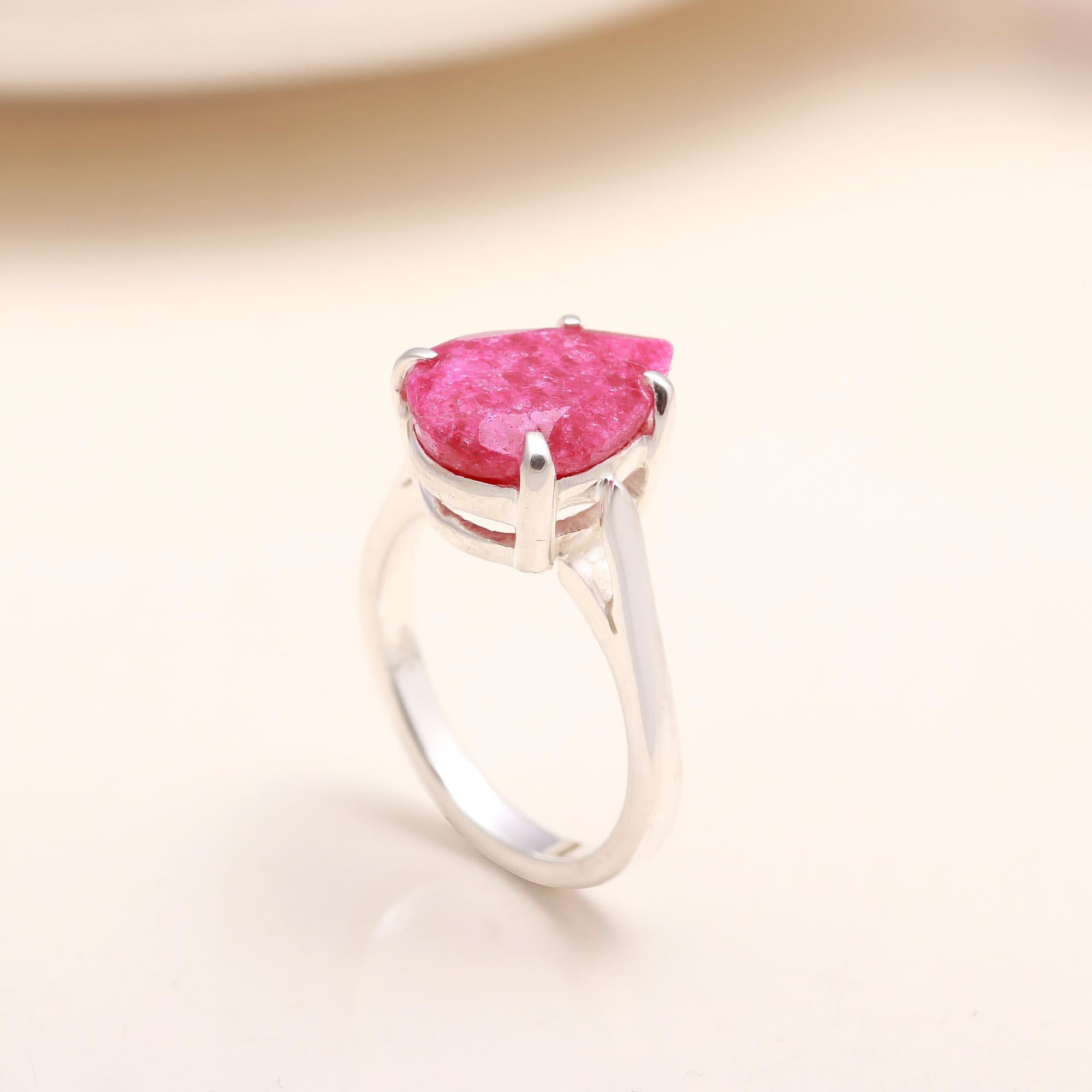 Handmade pear-shaped pink druzy silver ring