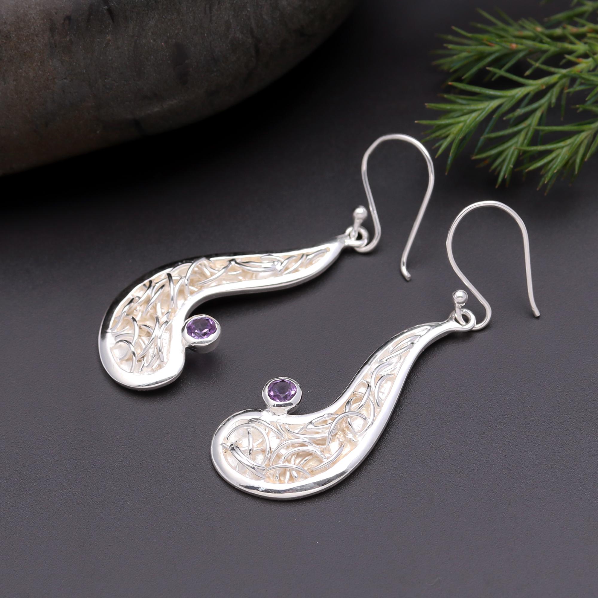 925 Silver Amethyst Paisley Dangle Earrings