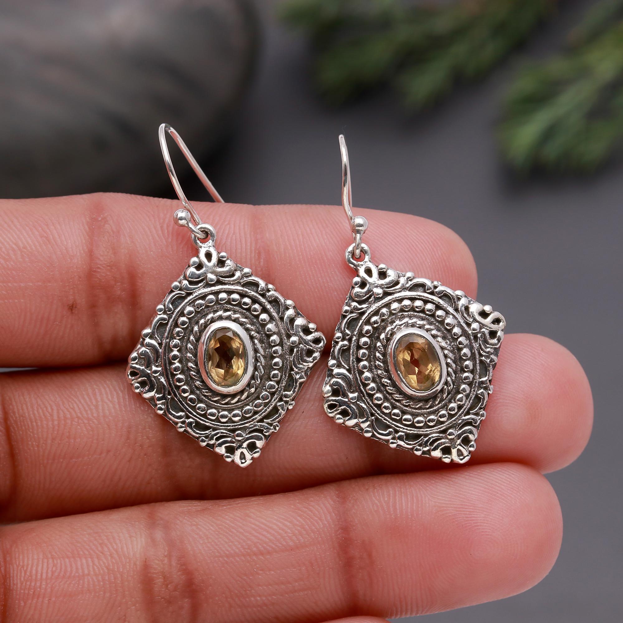 925 Silver Citrine Filigree Dangle Earrings