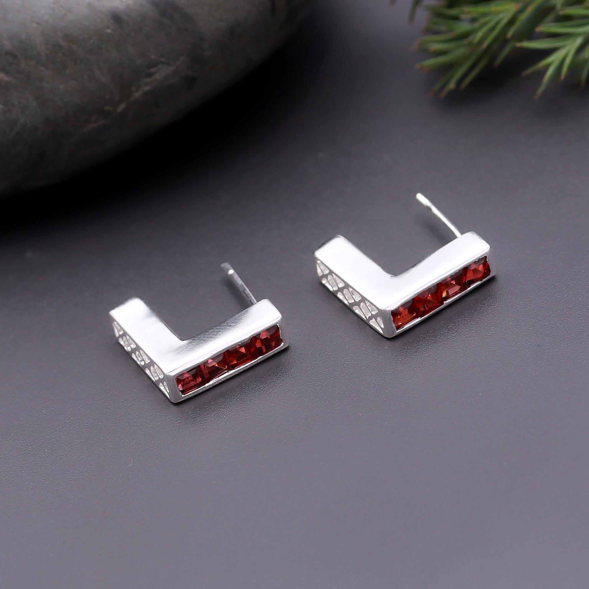 925 Silver Garnet Bar Stud Earrings
