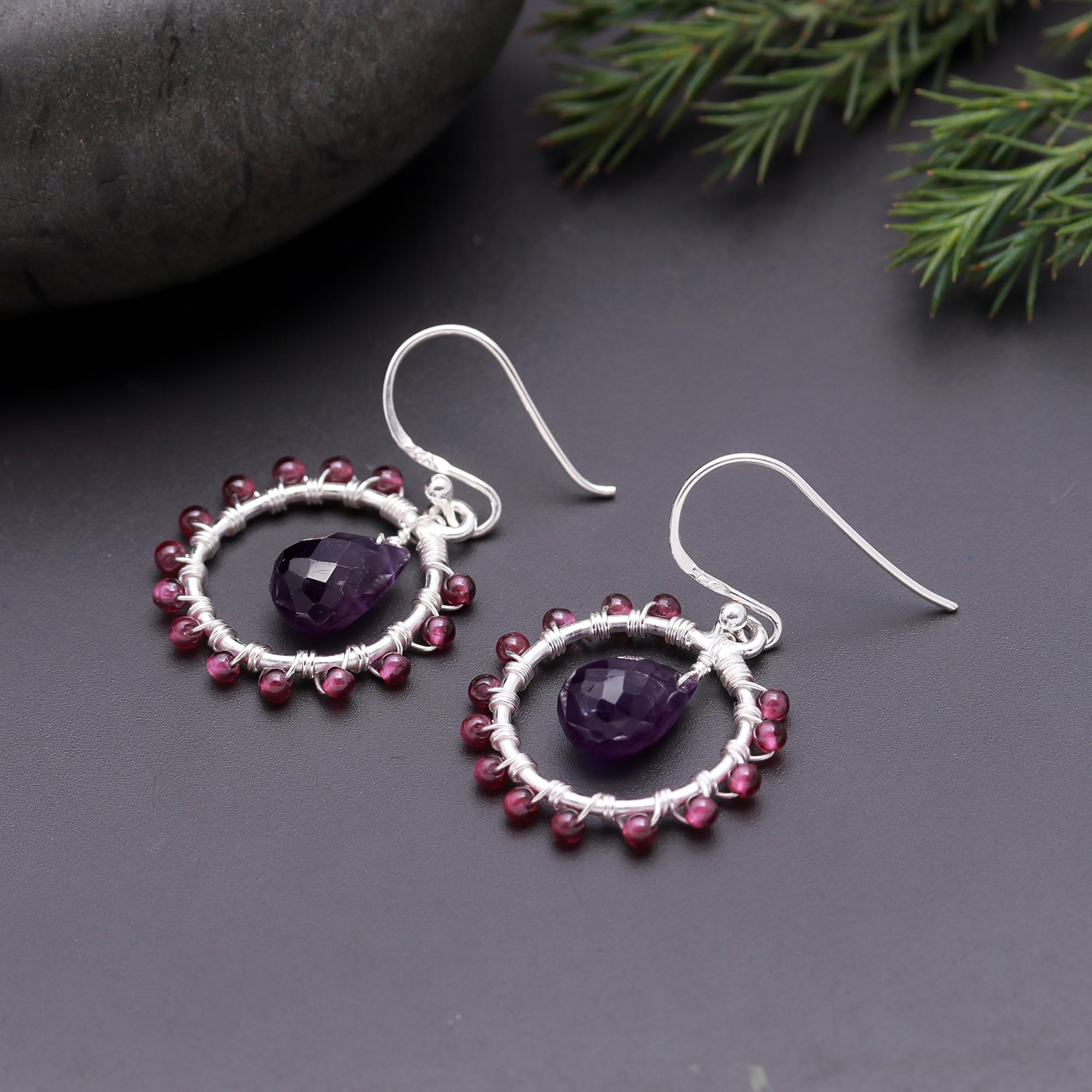 925 Silver Garnet Beaded Dangle Earrings