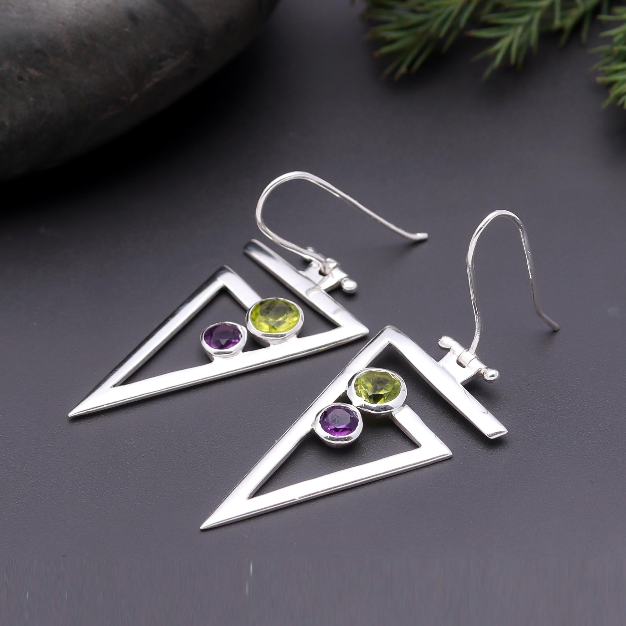 925 Silver Peridot and Amethyst Dangle Earrings