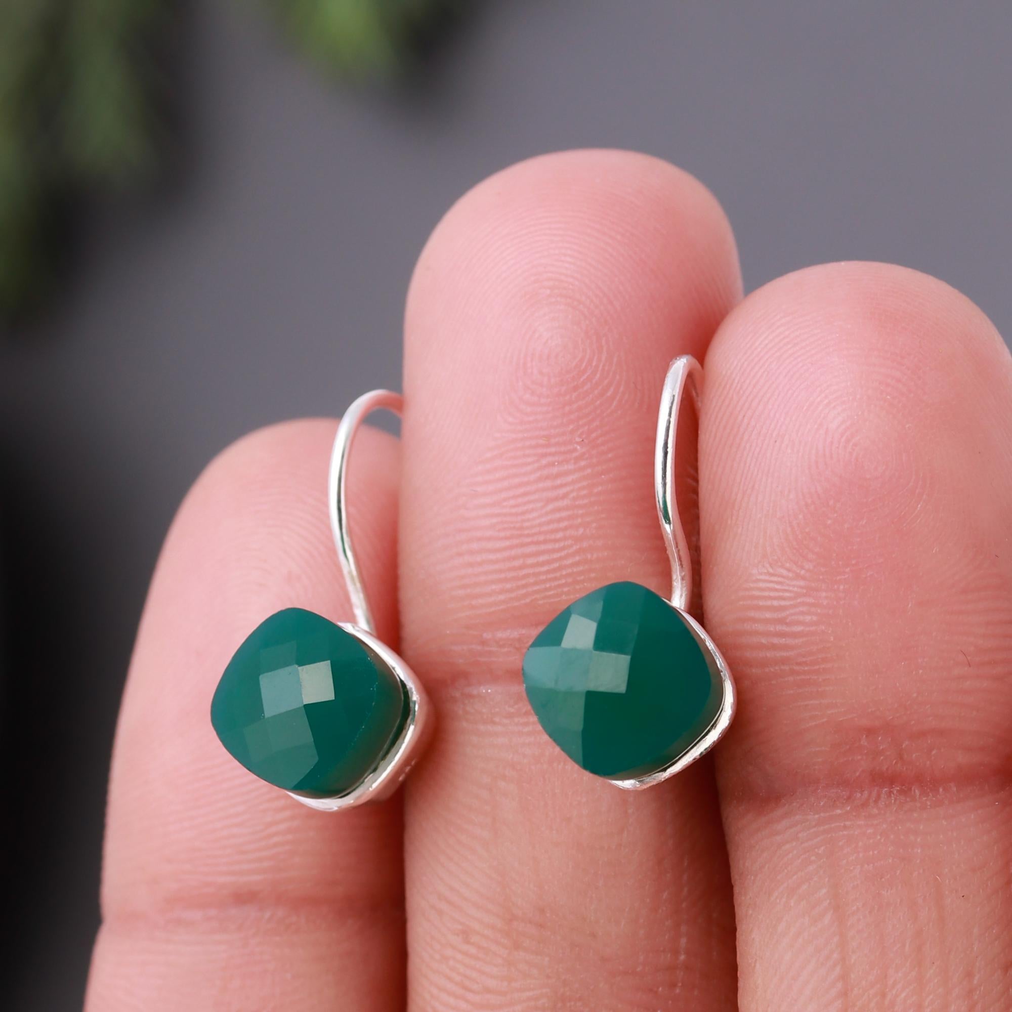 925 Silver Green Onyx Dangle Earrings