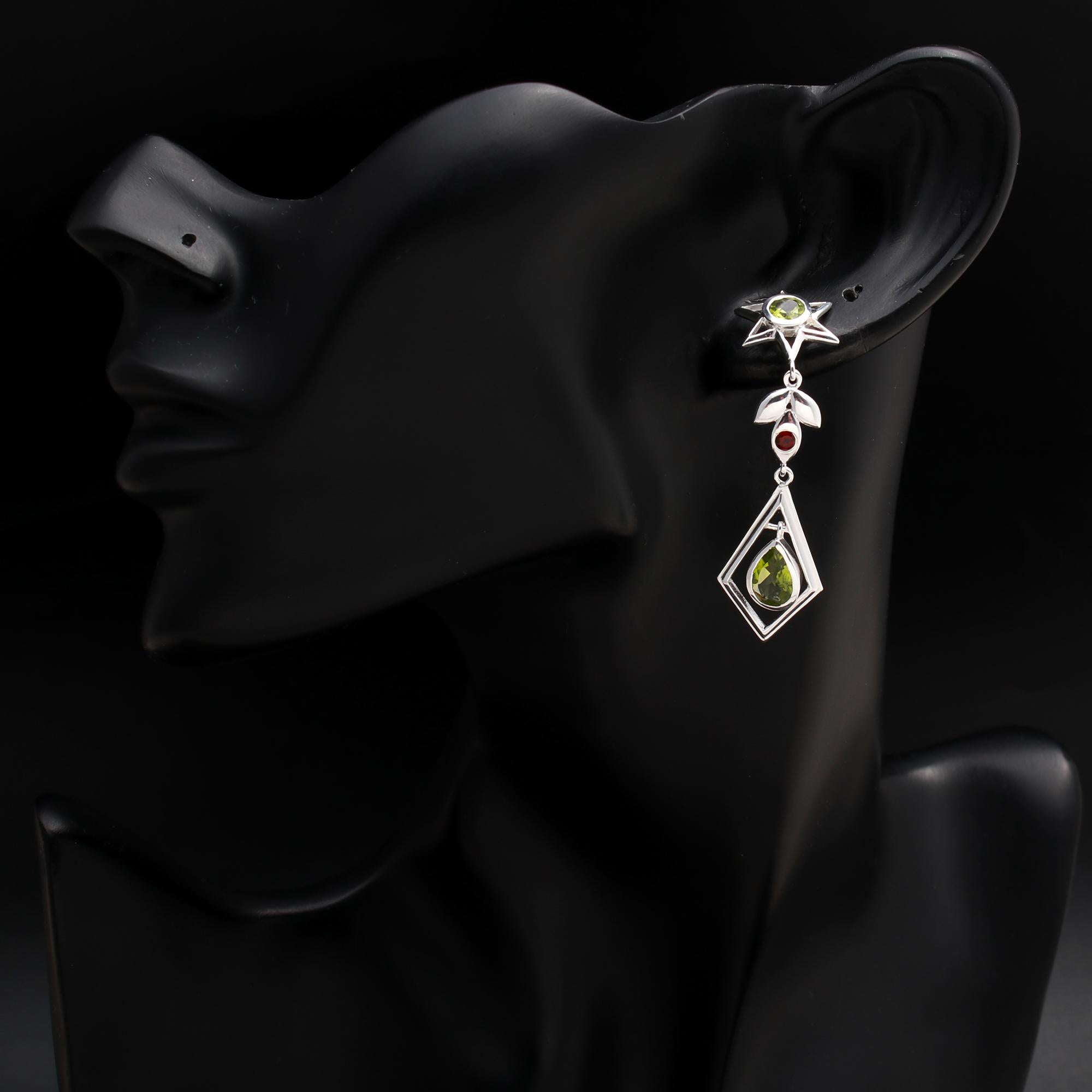 925 Silver Peridot and Garnet Star Drop Earrings