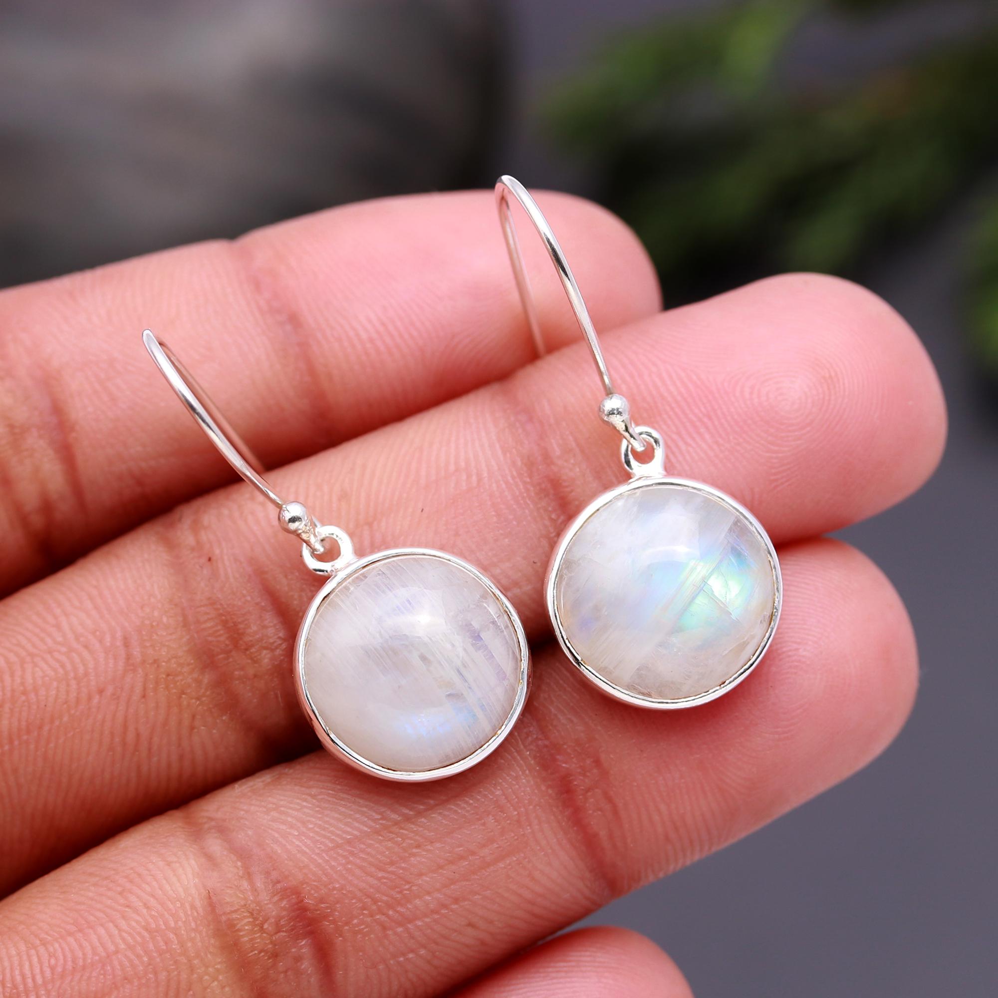 925 Silver Round Moonstone Dangle Earrings