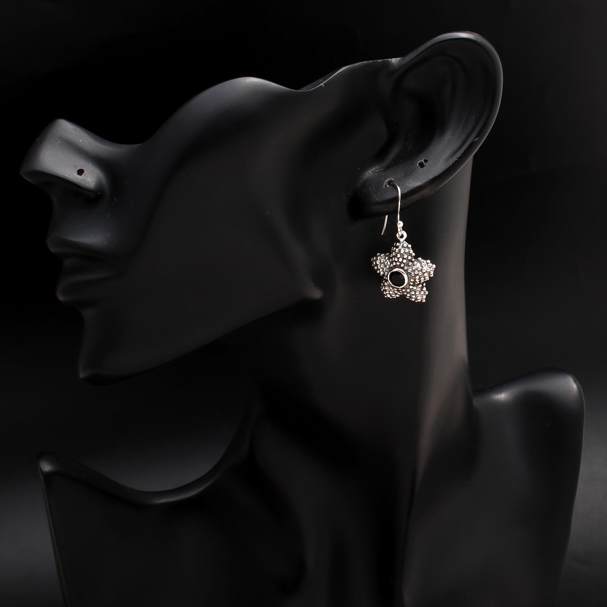 925 Silver Starfish Black Onyx Dangle Earrings