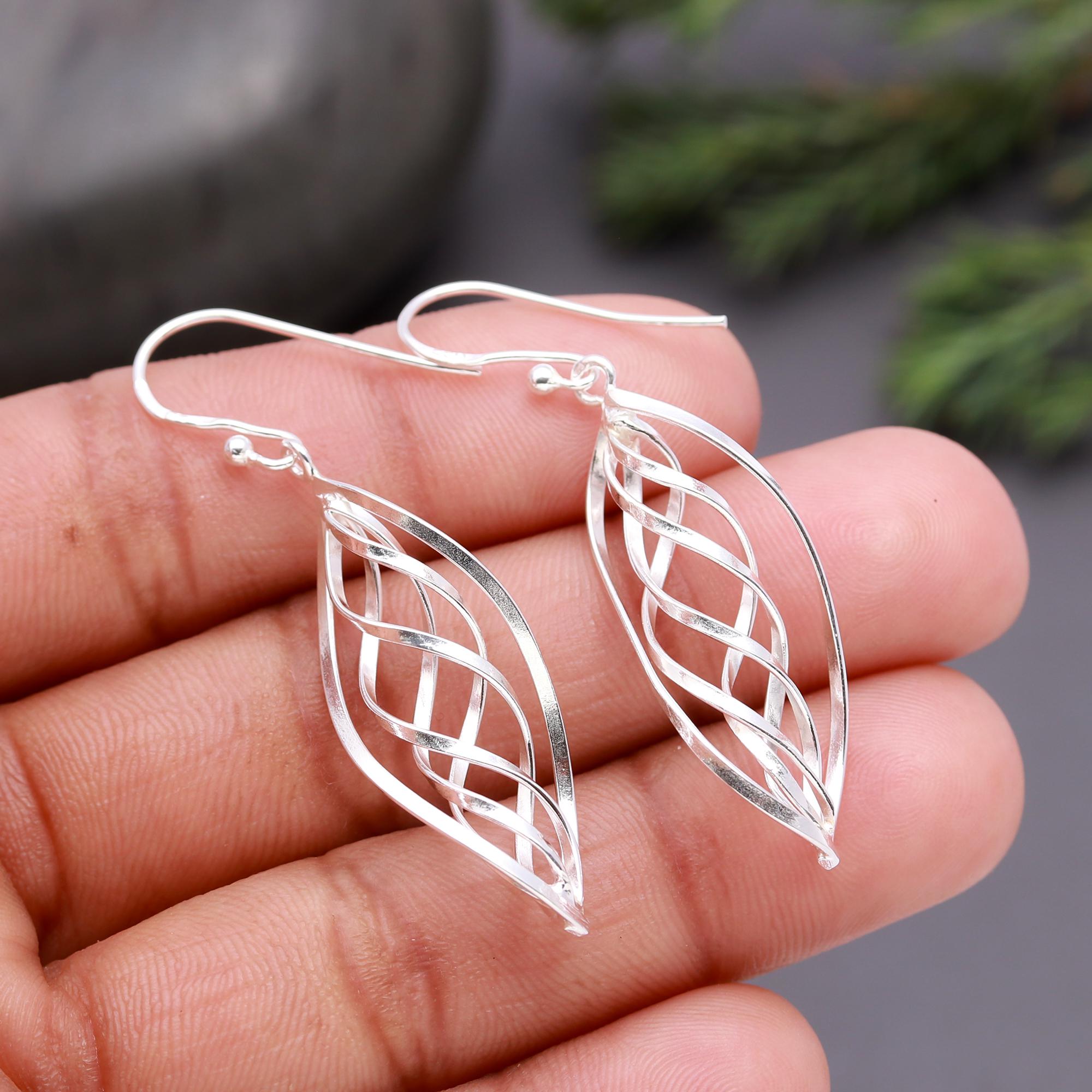 925 Silver Twisted Leaf Dangle Earrings