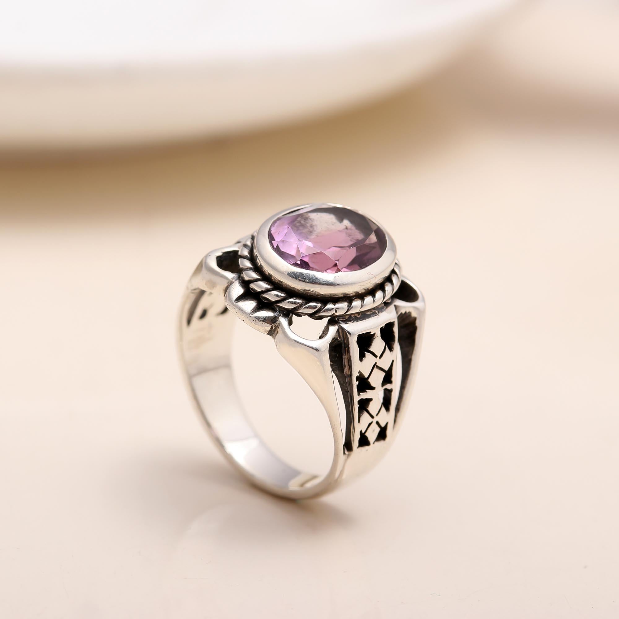 Handmade amethyst sterling silver boho statement ring
