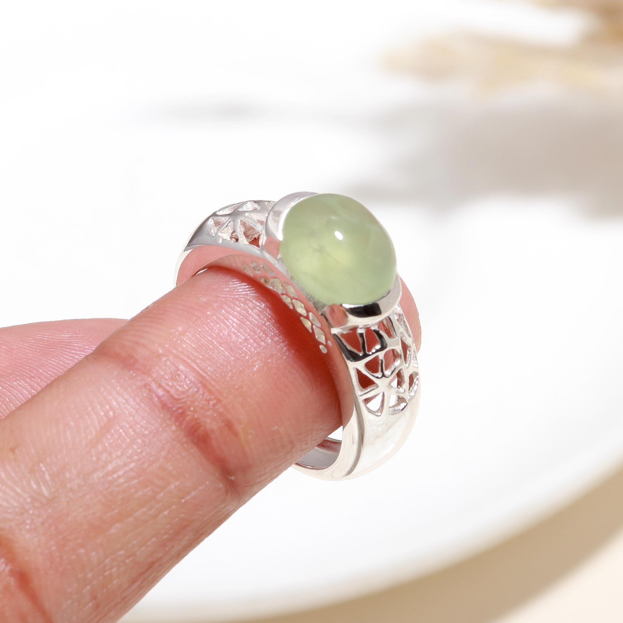 The Serene Dome: Prehnite Silver Geometric Ring