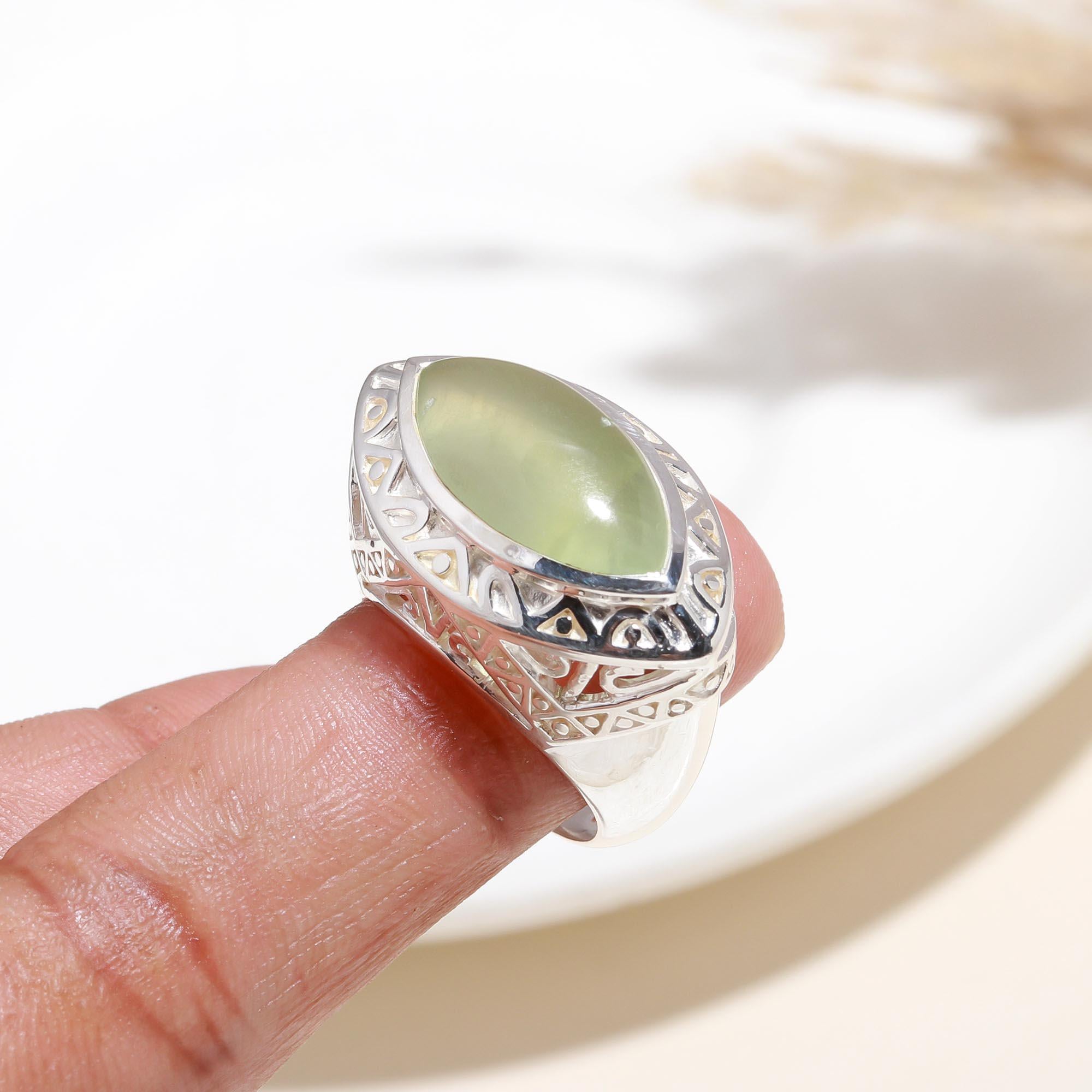 The Verdant Marquise: Prehnite Silver Filigree Ring