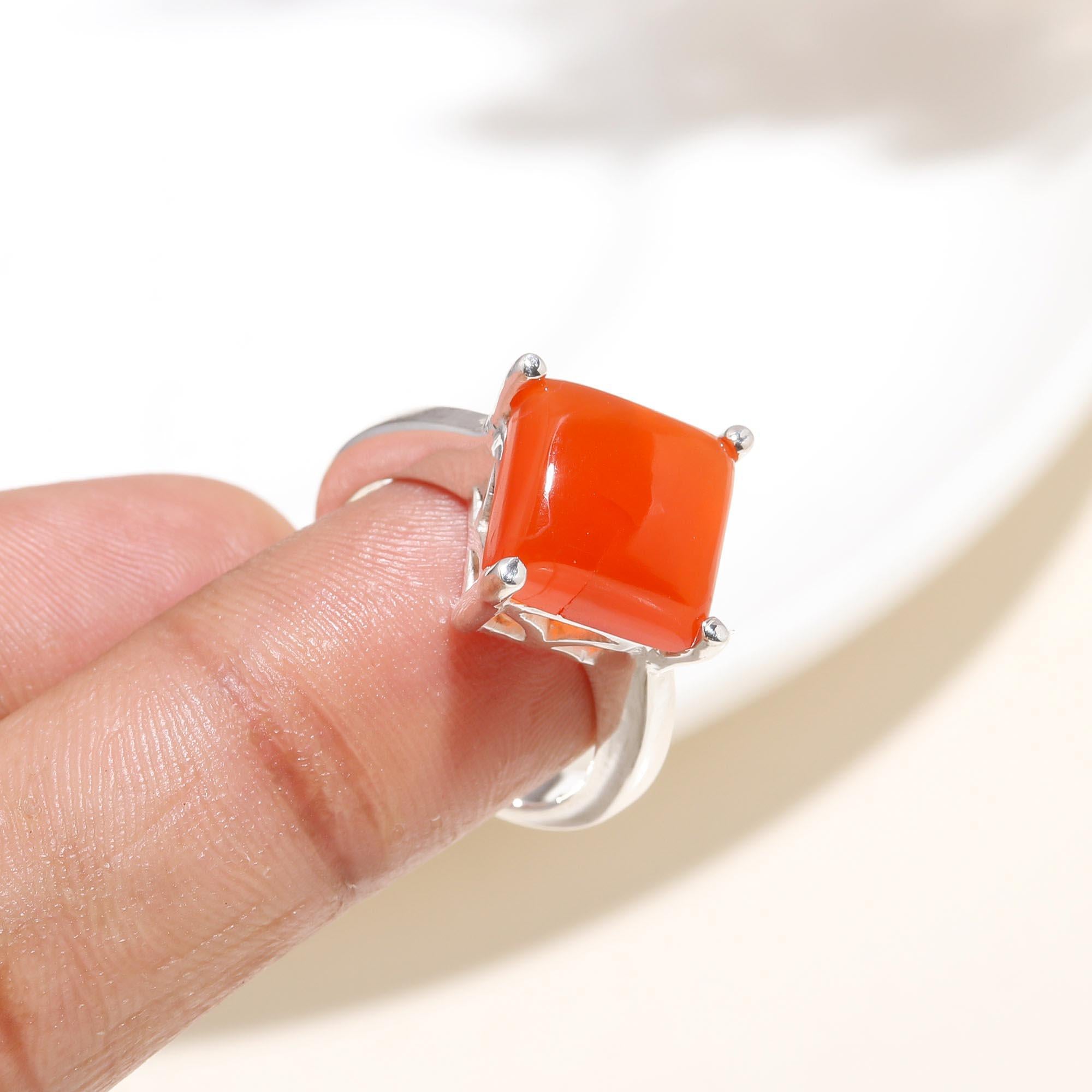 The Fiery Square: Carnelian Cushion Silver Geometric Ring