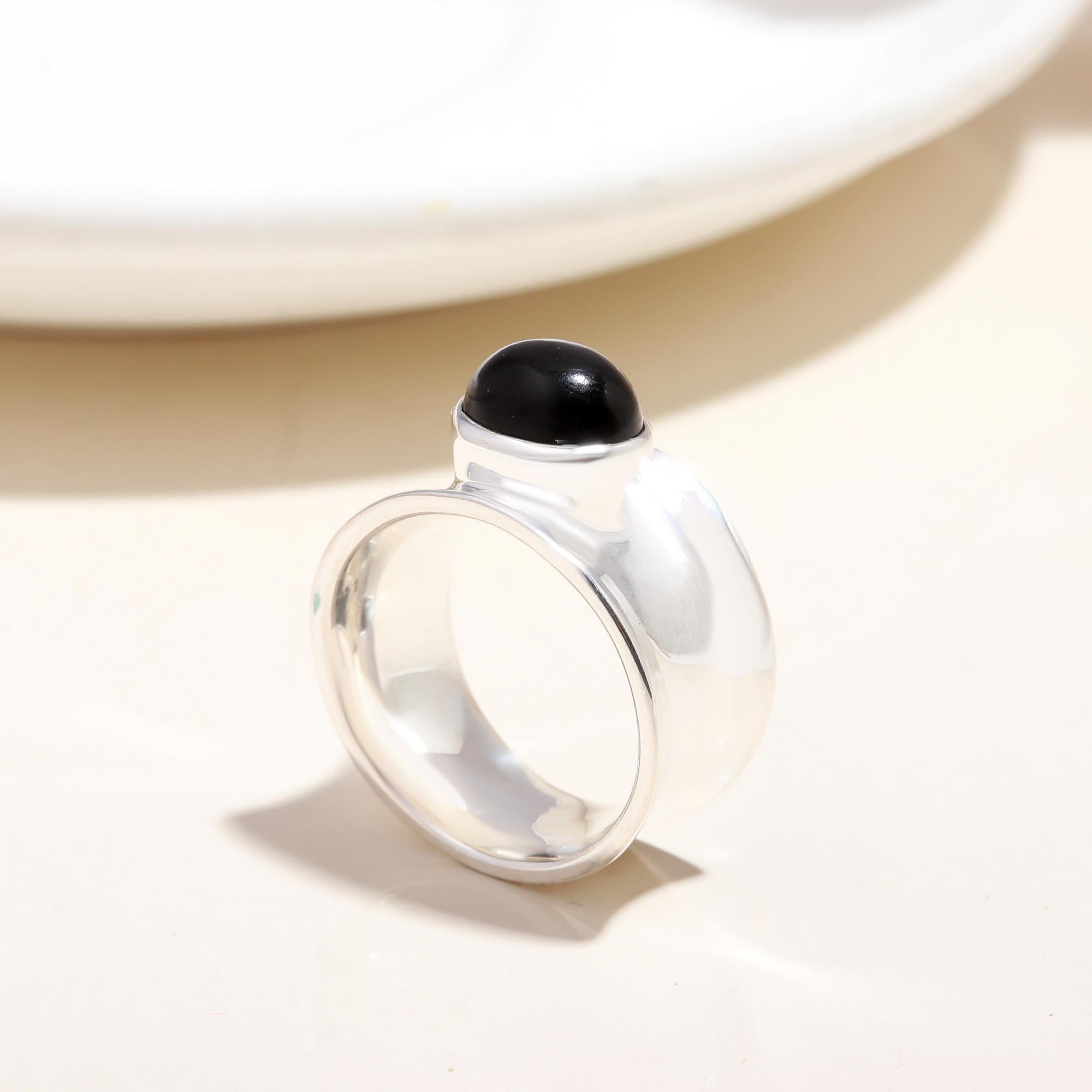 The Midnight Curve: Black Onyx Wide Band Silver Ring