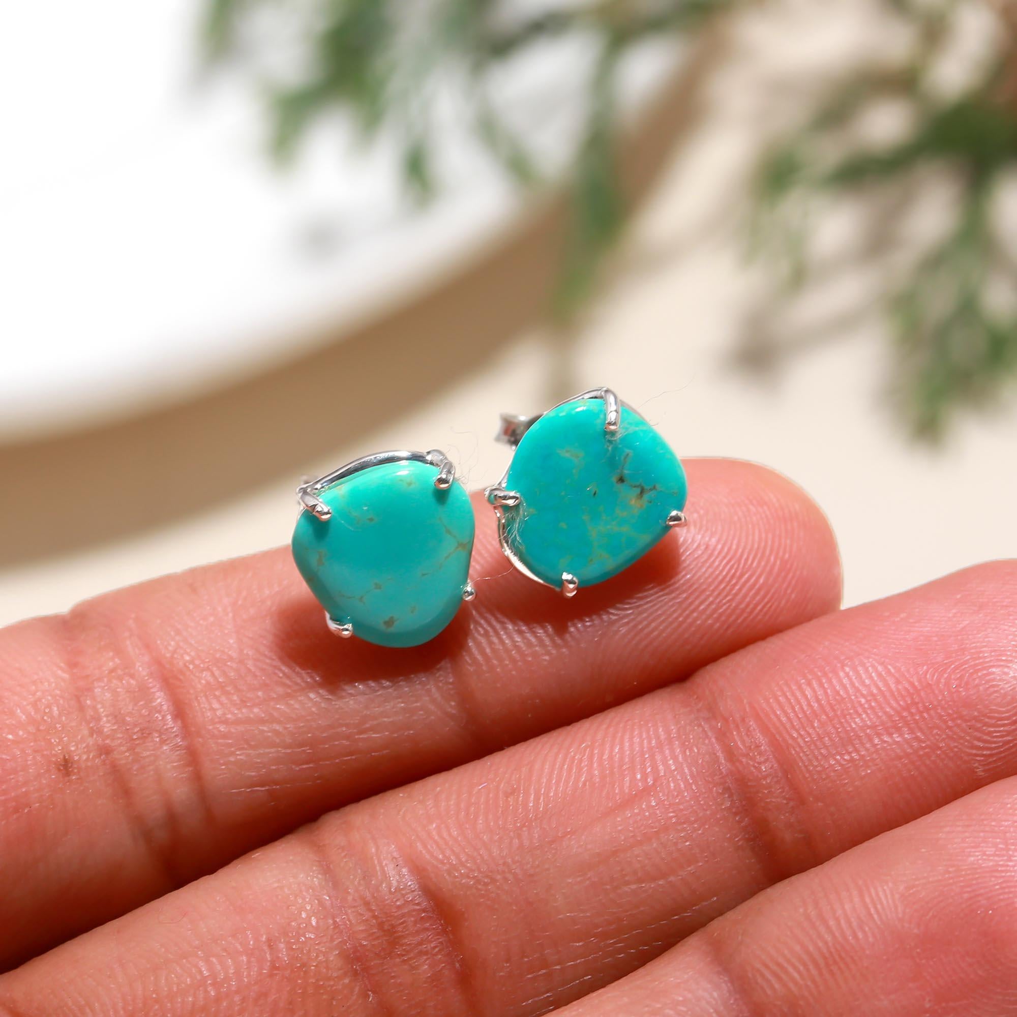 Solid 925 Sterling Silver Boho Turquoise Stud Earring With Pushbacks