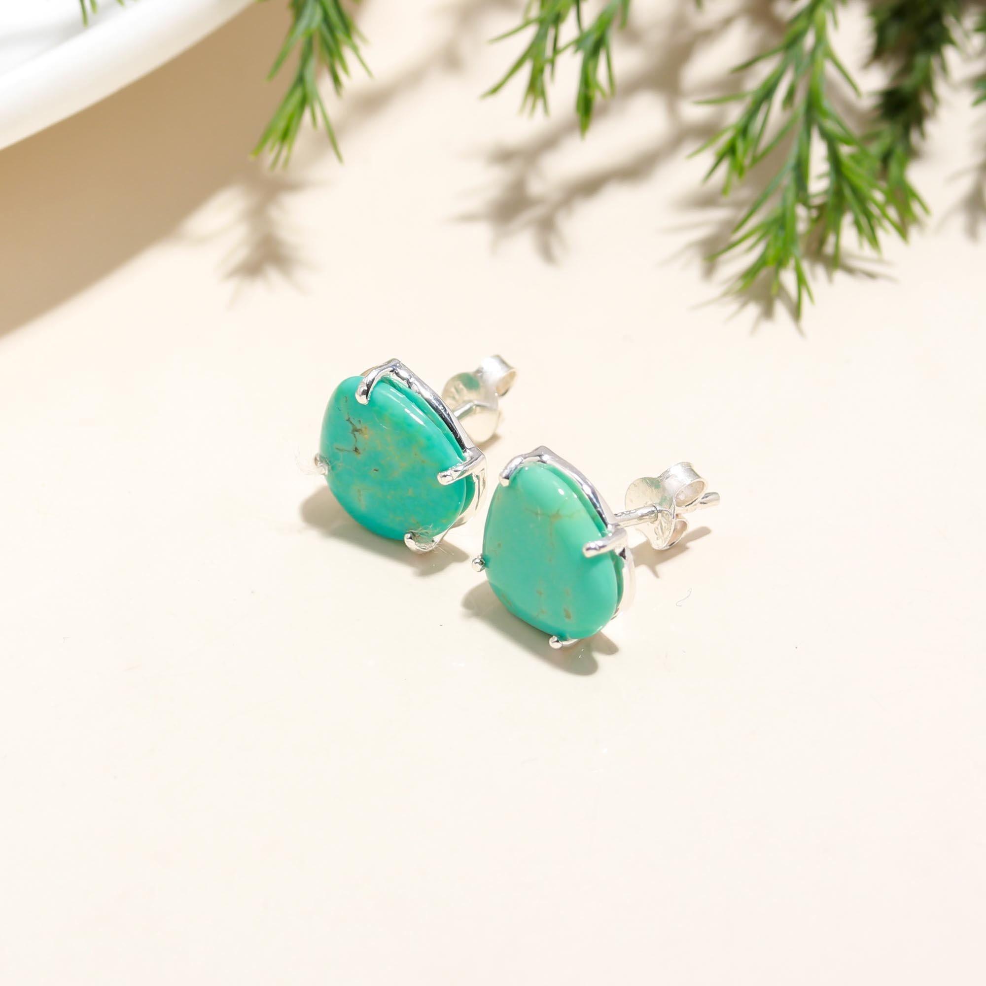 Solid 925 Sterling Silver Boho Turquoise Stud Earring With Pushbacks