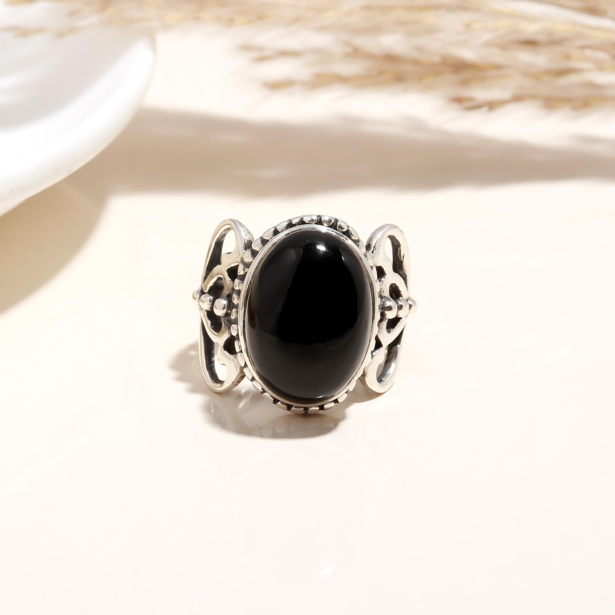 The Night Scroll: Black Onyx Silver Filigree Ring