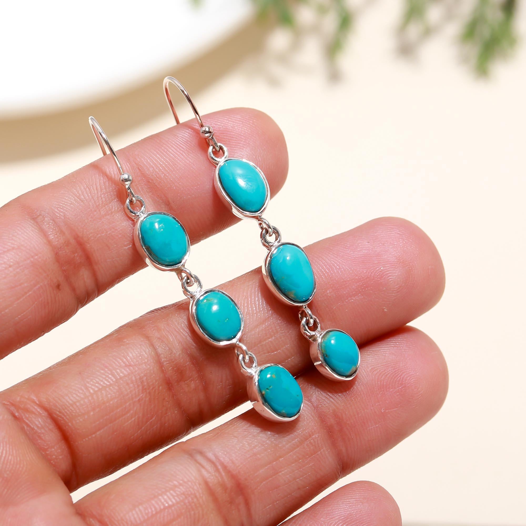 Solid 925 Silver Boho Turquoise Dangle Earrings