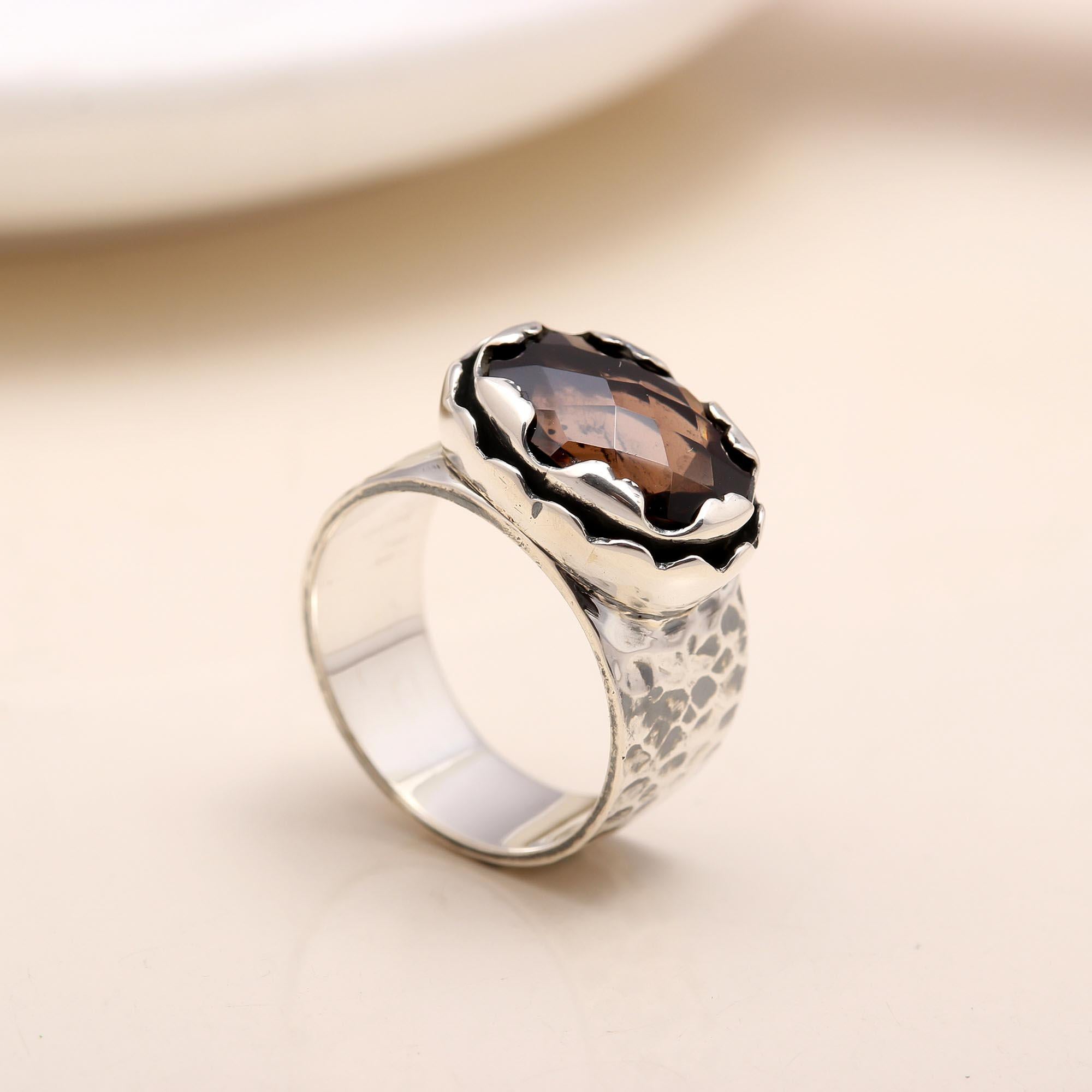 The Rustic Scallop: Textured Band Smoky Quartz Ring