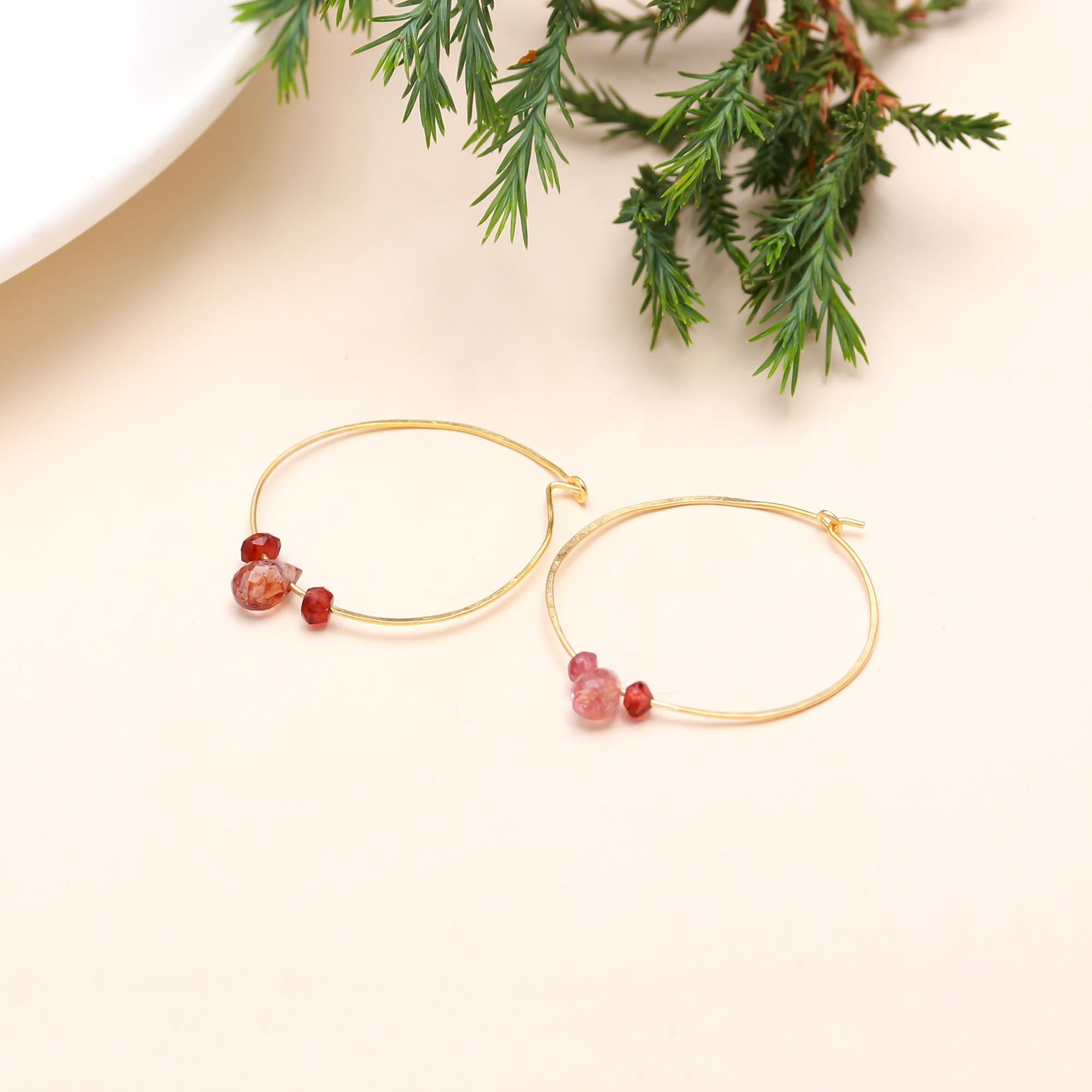 925 Sterling Silver Red Gemstone Hoop Earrings, Handmade Minimalist Hoops
