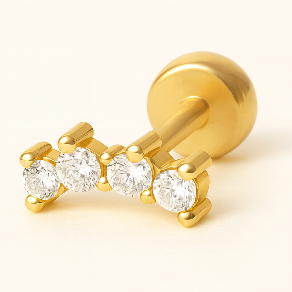 925 Sterling Silver Gold Plated Four Stone Nose Pin | Piercing Jewelry