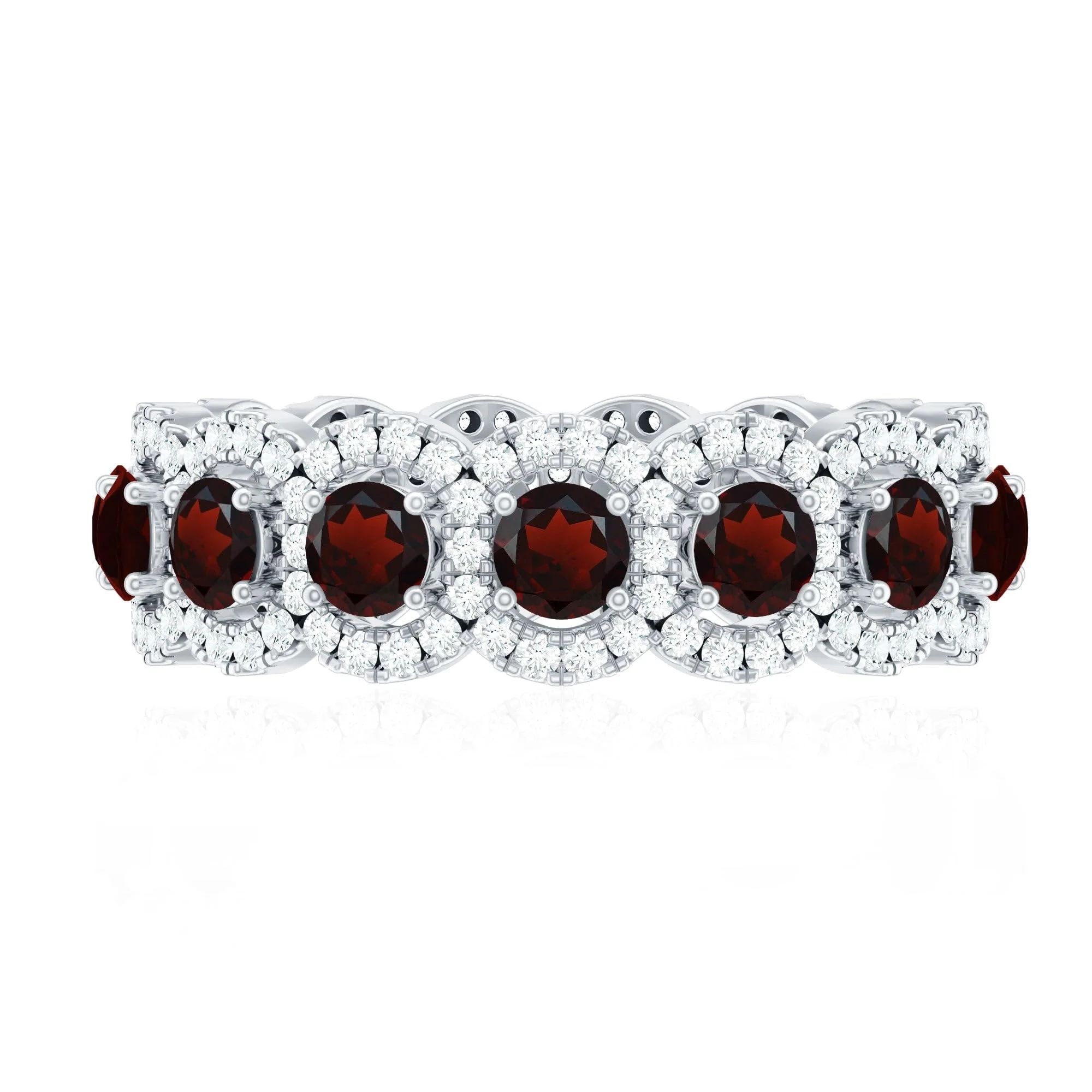 The Infinite Passion: Garnet & Moissanite Halo Eternity Ring