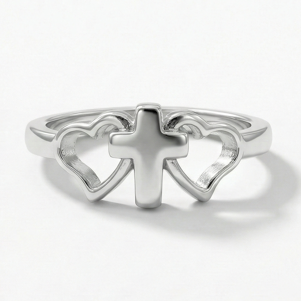 The Faithful Heart : Silver Cross & Heart Ring